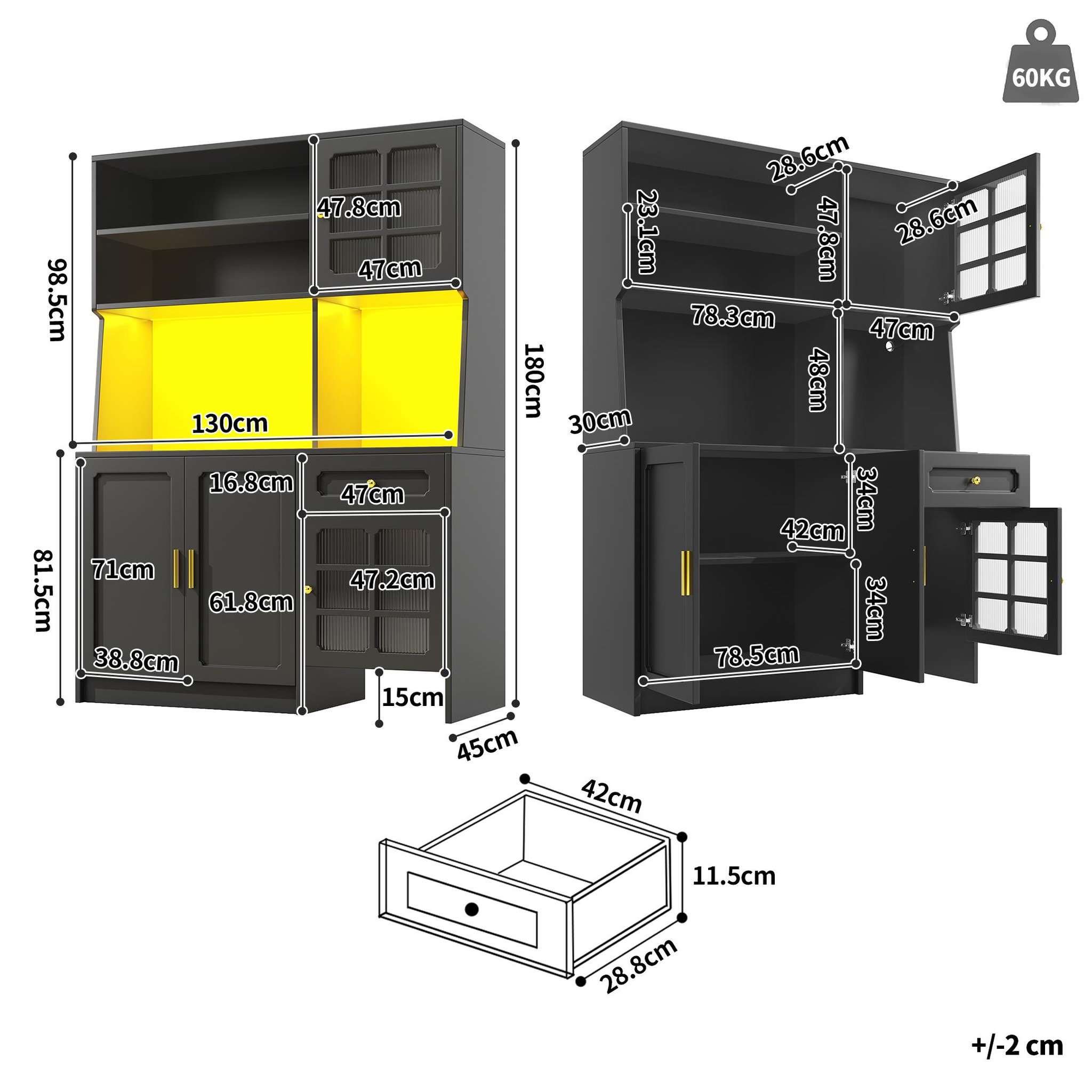 Voir la diapositive 3 : MERAX Buffet de cuisine 4 portes 1 tiroir - 130 cm noir led mdf