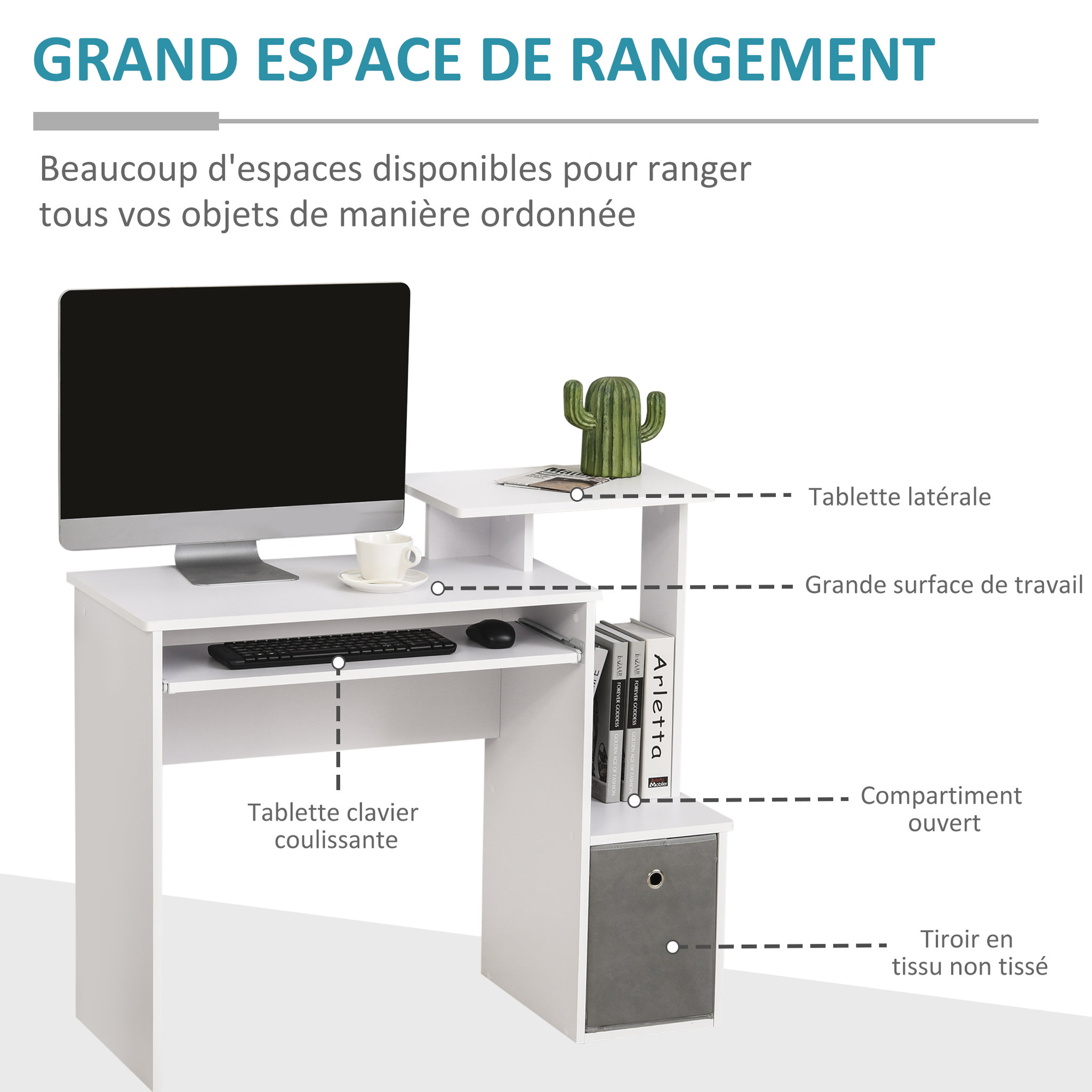Voir la diapositive 4 : HOMCOM Bureau informatique multimédia étagères tablette clavier panier gris panneaux particules blanc