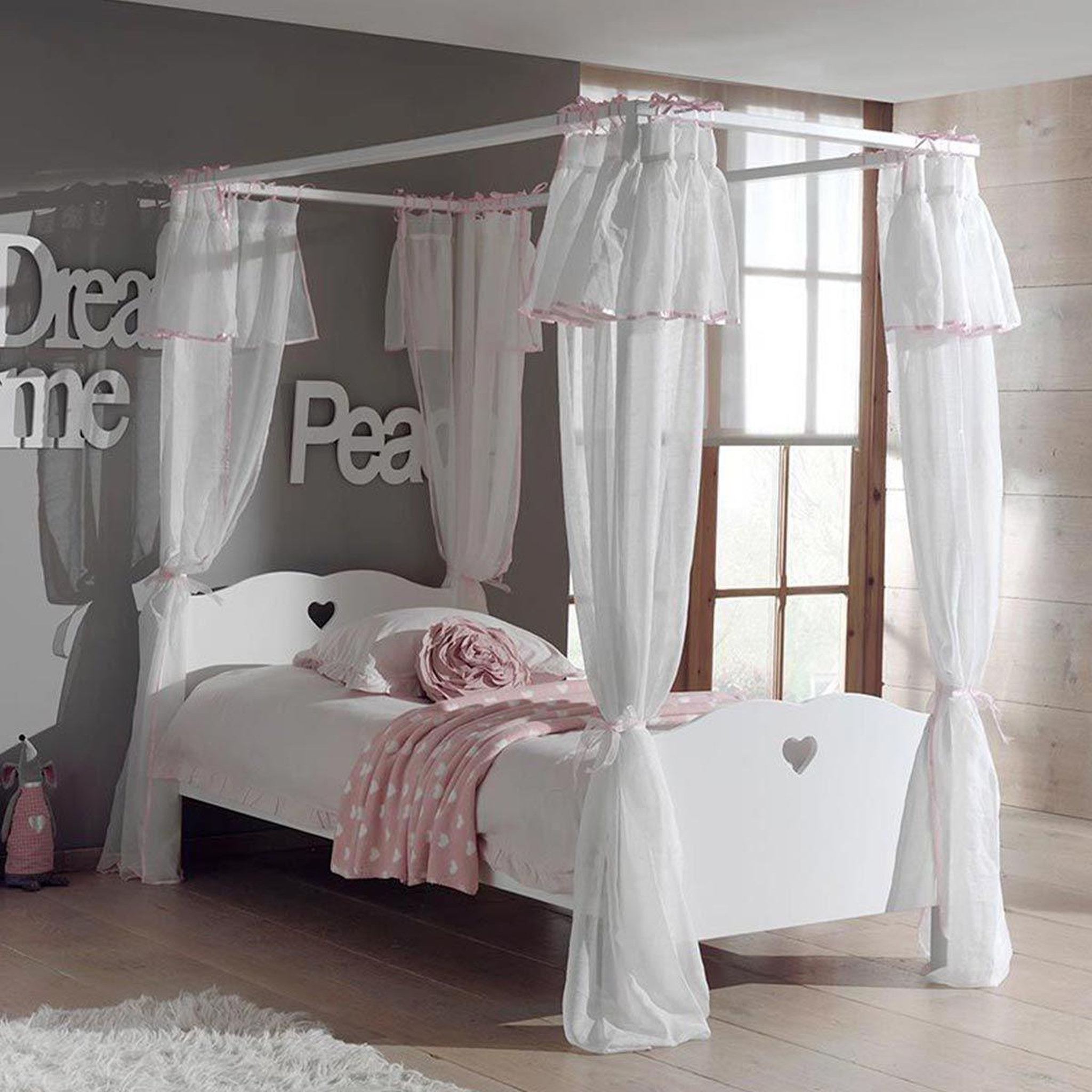 Paris Prix Pack - Lit à Baldaquin Enfant, Sommier & Voile  Amori  90x200cm Blanc