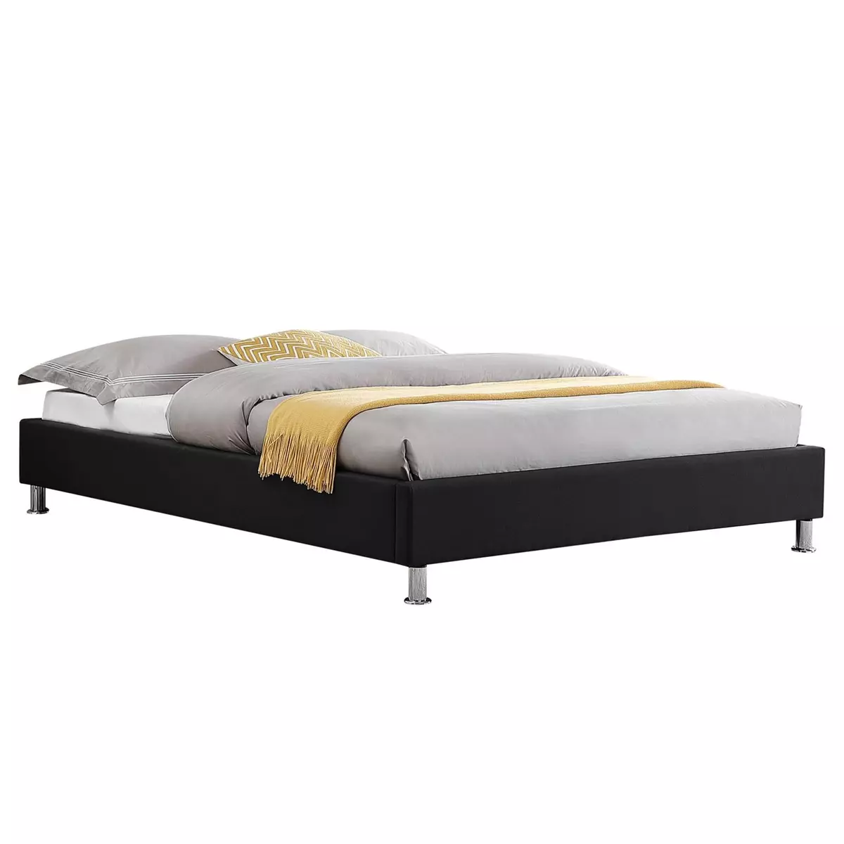 IDIMEX Lit futon double pour adulte NIZZA 140x190 cm 2 places / 2 personnes, avec sommier et pieds en métal chromé, tissu noir