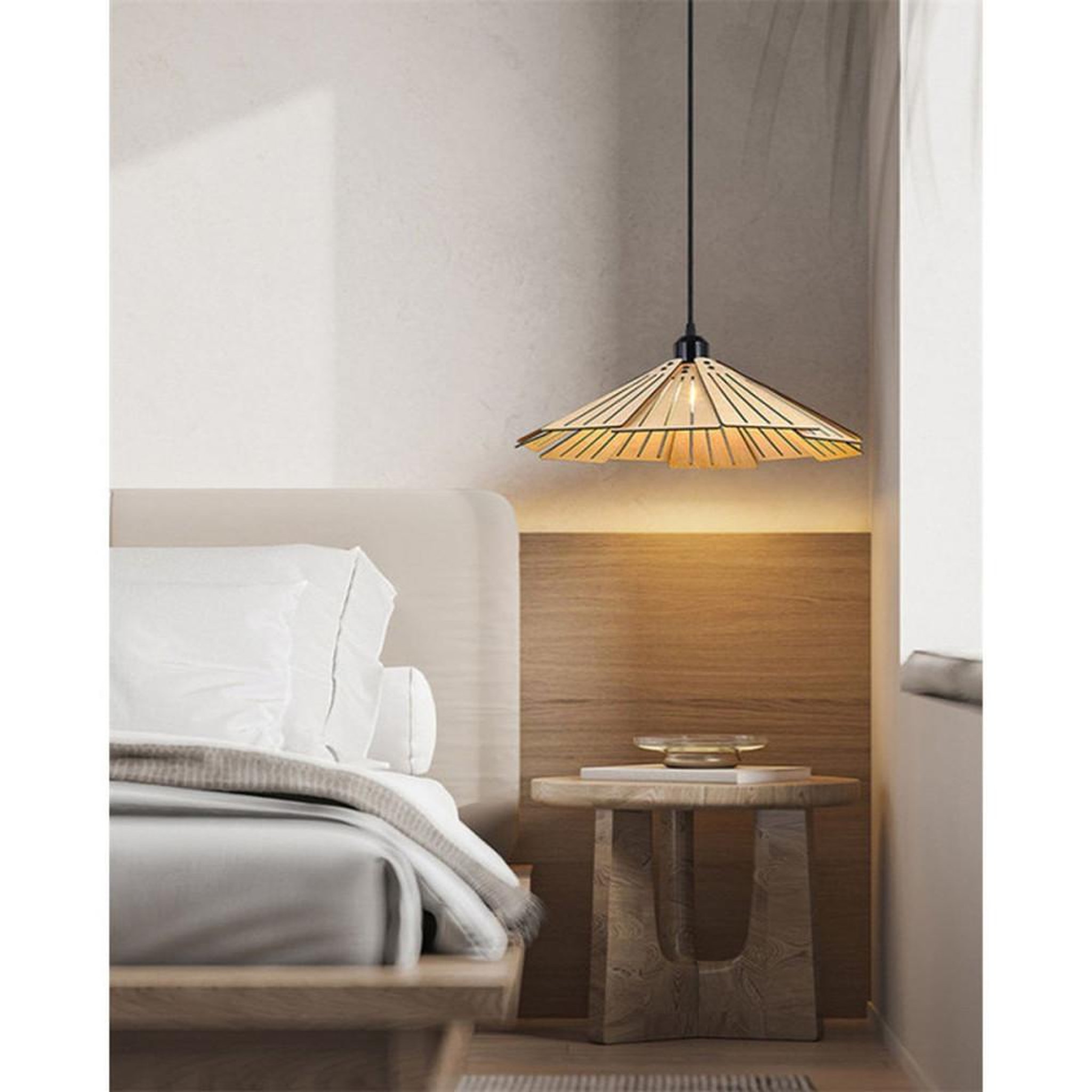 Voir la diapositive 4 : Lampe suspension en bois scandinave Ø35 cm abat-jour ajouré style dôme, métal noir, douille E27 12 W ampoule tricolore incluse