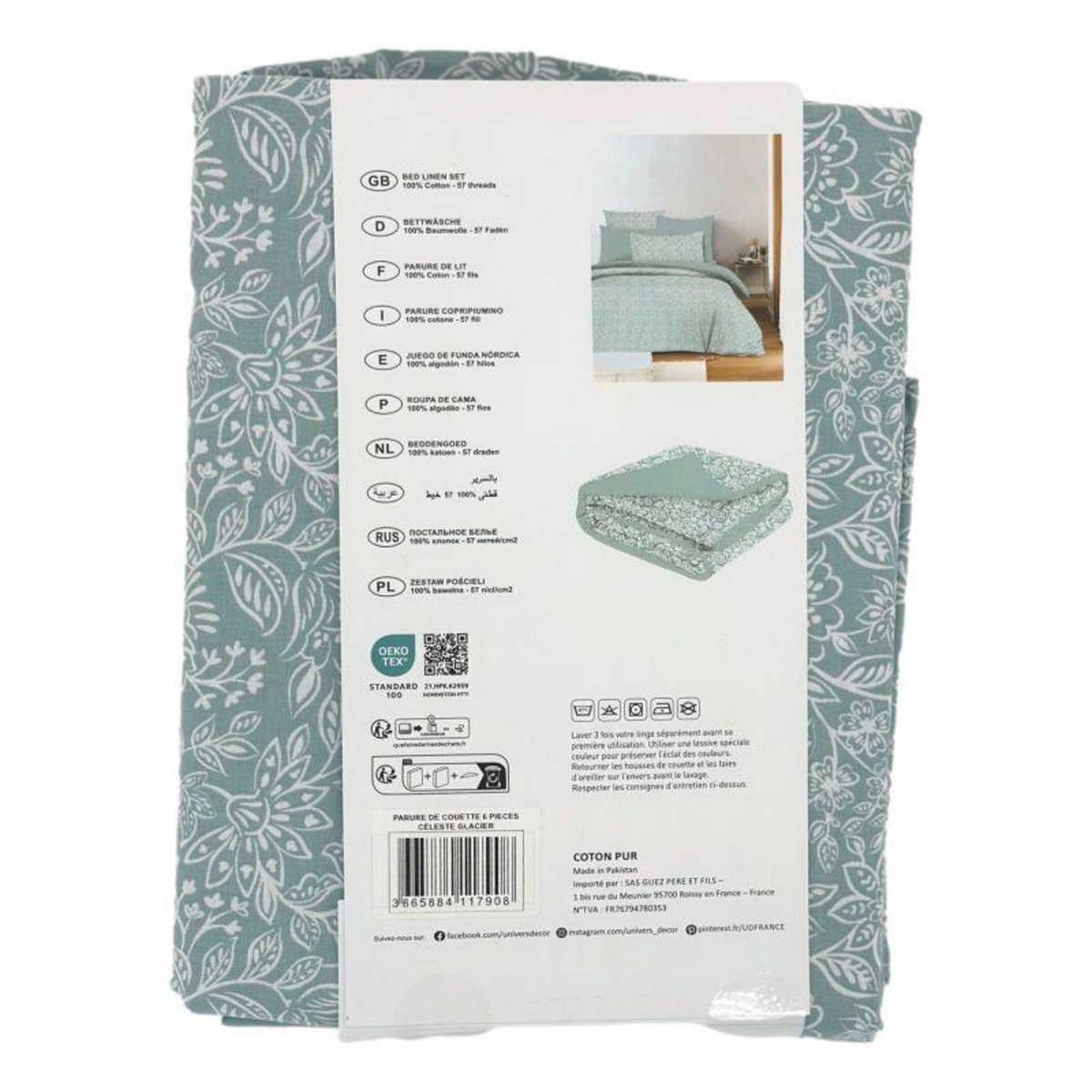 COTON PUR Pack complet housse de couette réversible pour lit 180 x 200 cm  King size  Céleste glacier