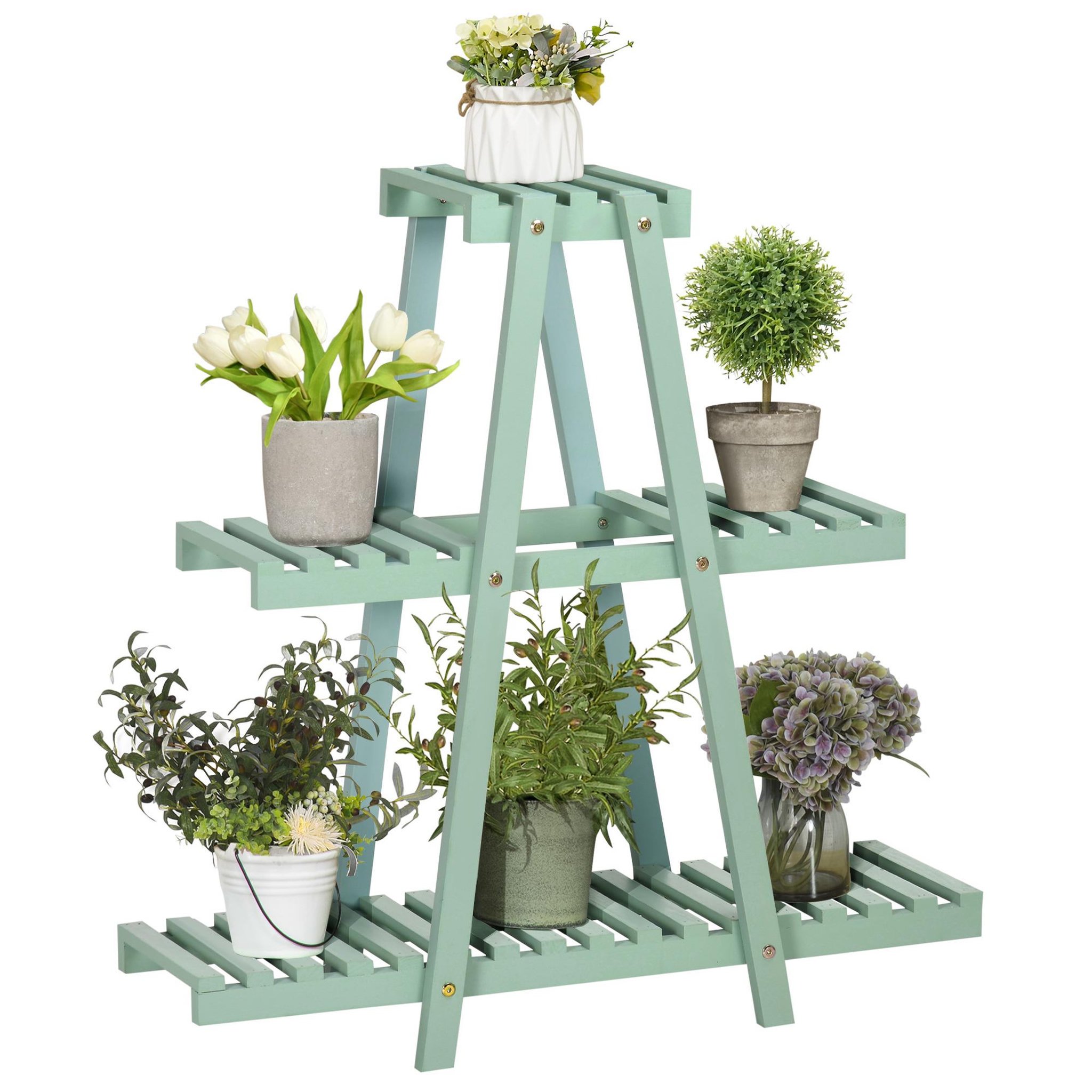 Voir la diapositive 1 : OUTSUNNY Étagère à fleurs pyramidale en bois - porte plante bois 3 étagères - dim. 76L x 26l x 76H cm - sapin vert d'eau