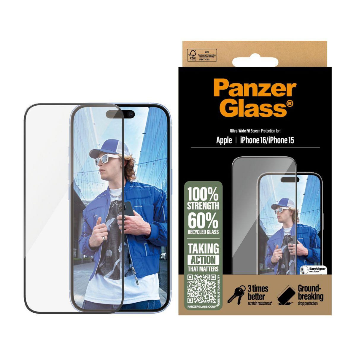 PANZERGLASS Protège écran iPhone 16 verre trempé Ultra-Wide Fit
