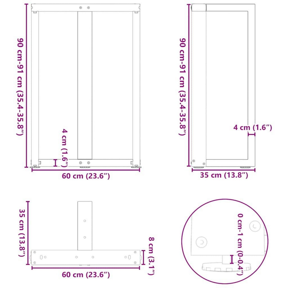 VIDAXL Pieds de table de bar forme de T 2 pcs blanc 60x35x(90-91) cm