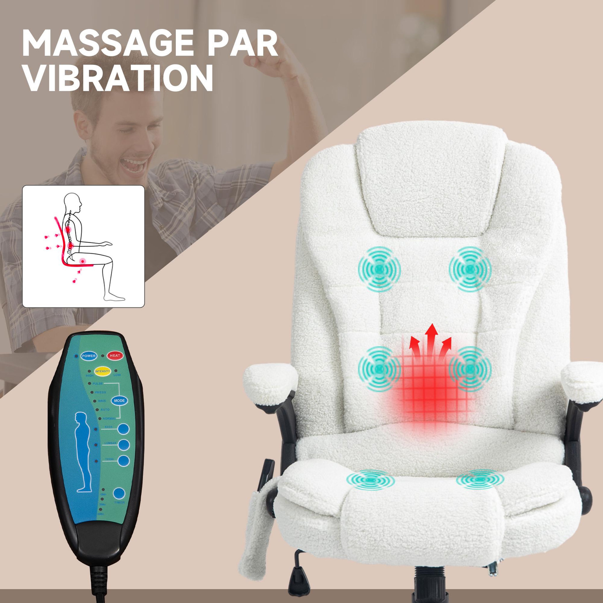Voir la diapositive 4 : VINSETTO Fauteuil de bureau direction massant chauffant hauteur réglable dossier inclinable effet laine bouclée blanc