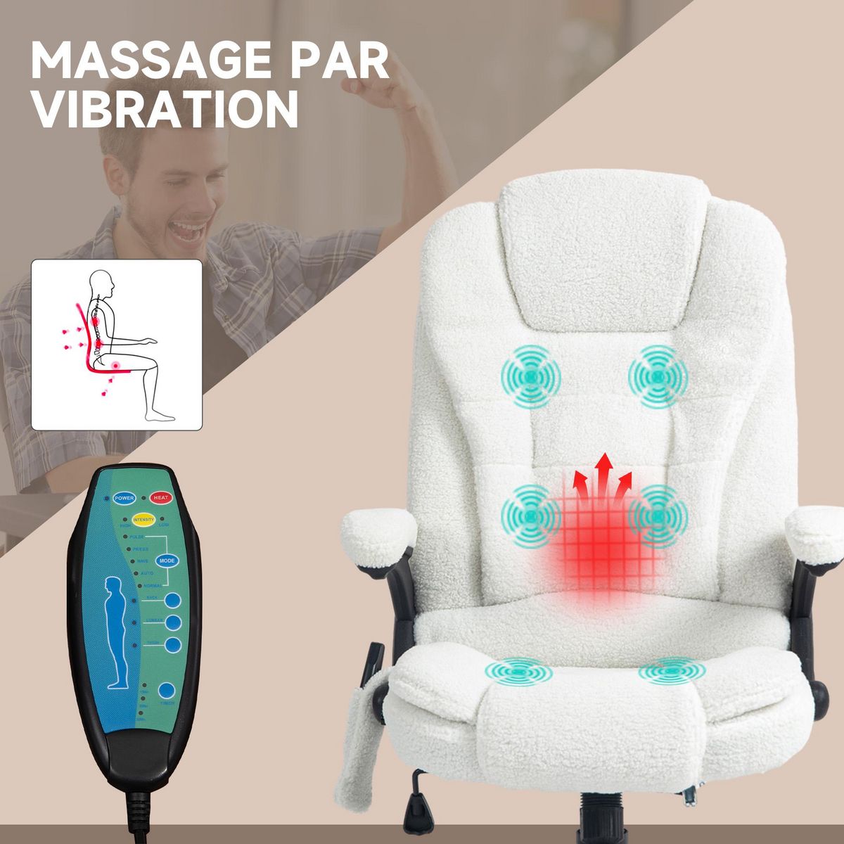VINSETTO Fauteuil de bureau direction massant chauffant hauteur réglable dossier inclinable effet laine bouclée blanc