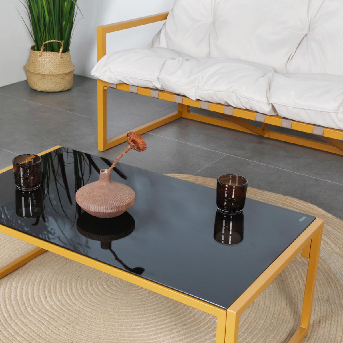 CONCEPT USINE Salon de jardin 6 places contemporain marron et coussins beiges RABAT