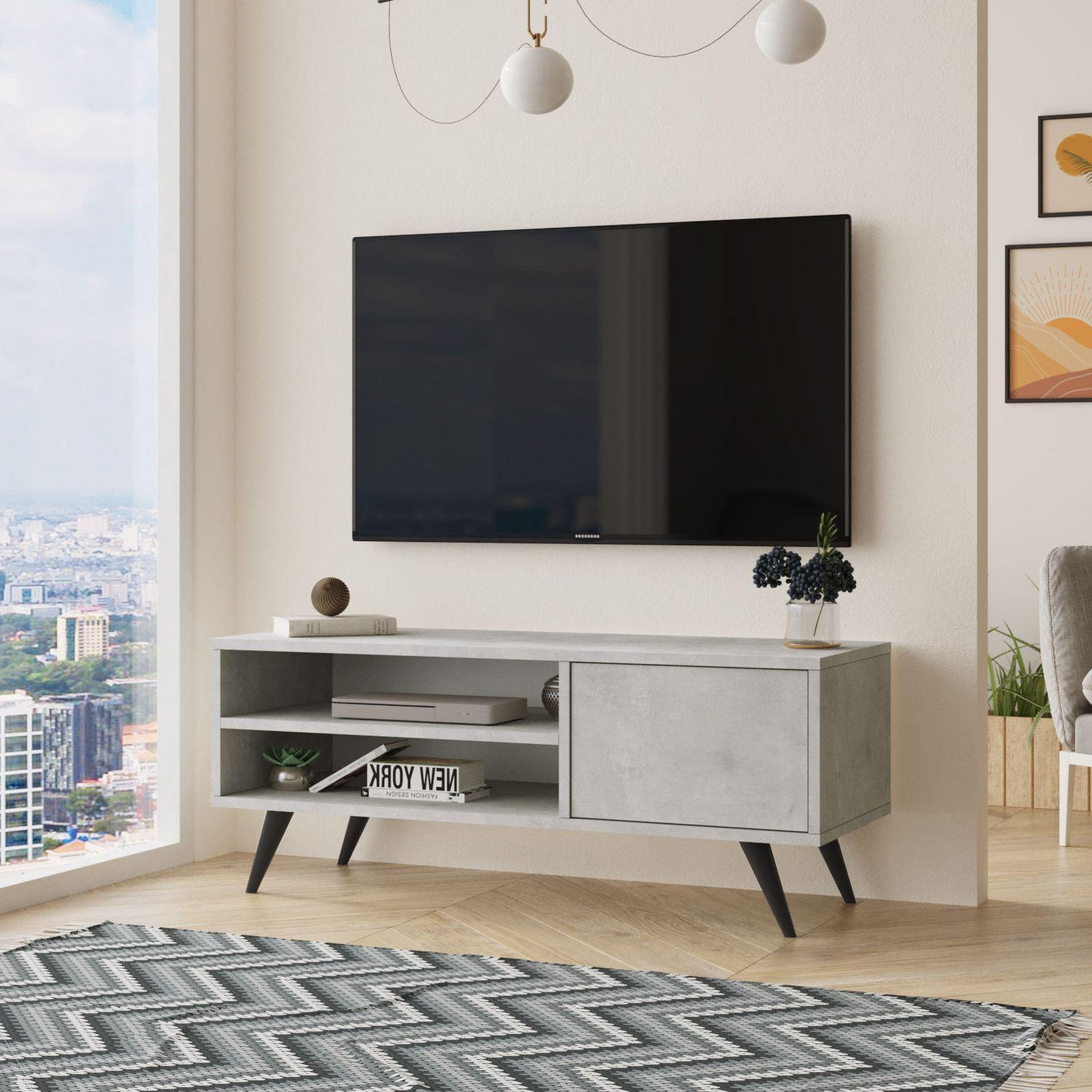 Voir la diapositive 2 : TOILINUX Meuble tv avec 2 niches de rangement ouvertes et une porte abattante en panneaux de particule