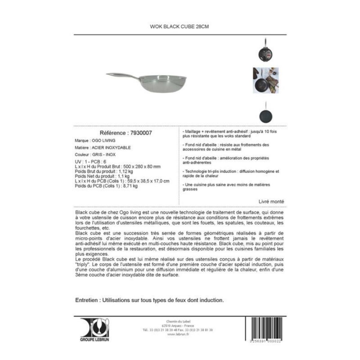 Ogo Poele sauteuse Ogo WOK BLACK CUBE 28 CM EN ACIER INOXYDABLE FOND NID D ABEILLE TOUS FEUX DONT INDUCTION