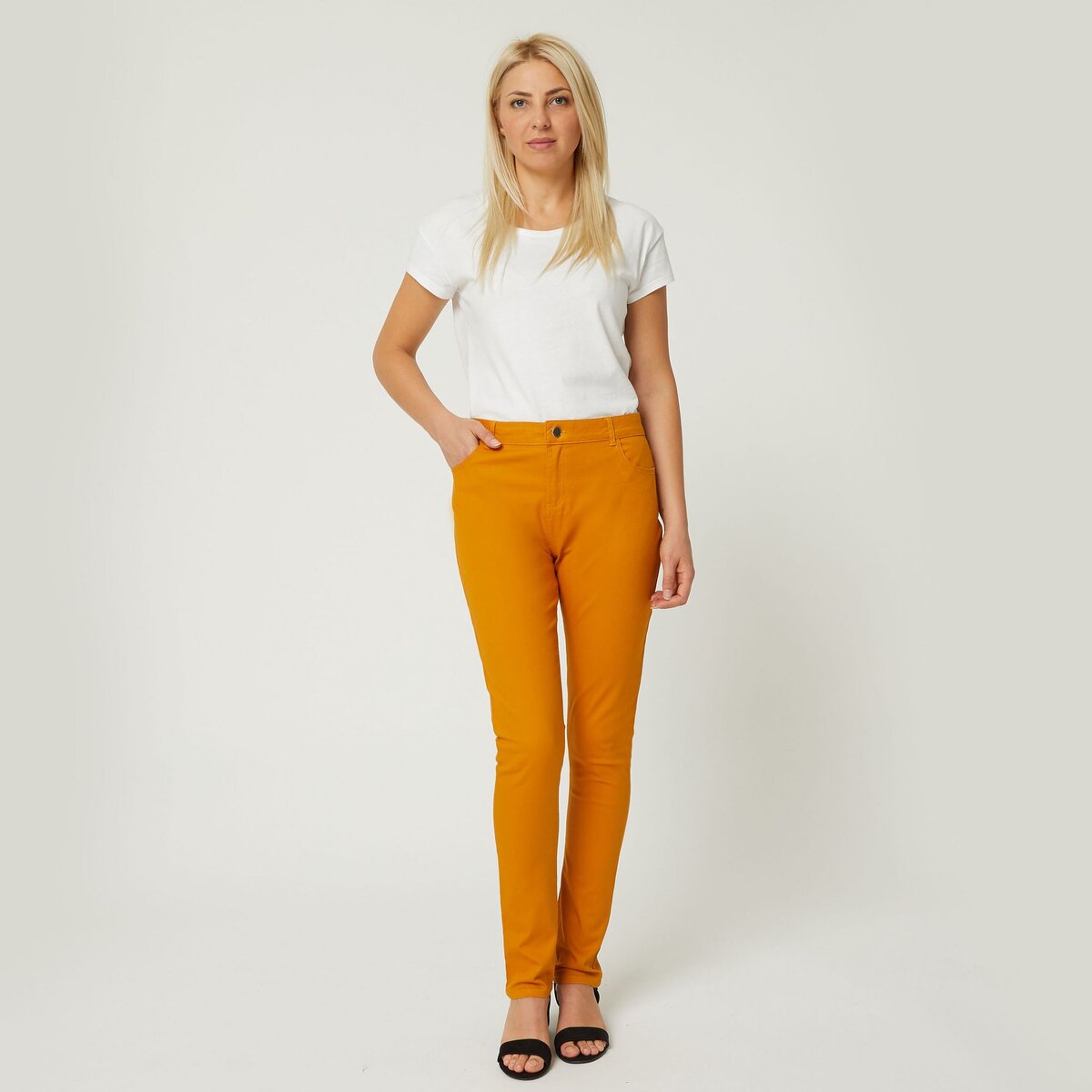 INEXTENSO Pantalon slim twill jaune moutarde femme pas cher