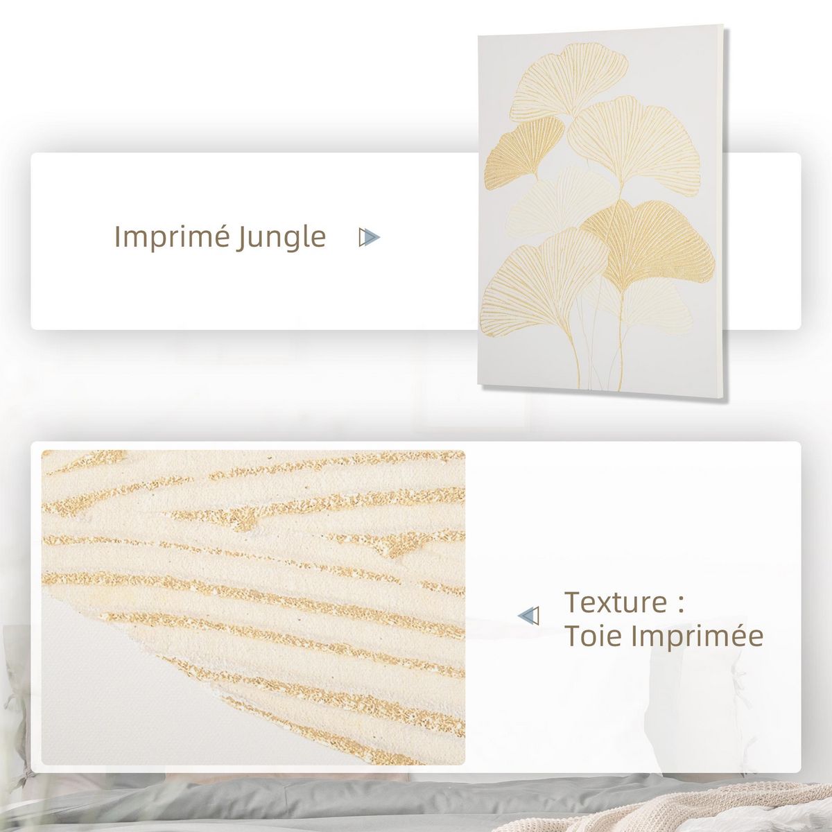 HOMCOM Tableau imprimé et peint feuilles ginkgo biloba - dim. 100L x 80l cm - décoration murale - toile 100% polyester structure bois de pin encre dorée blanc