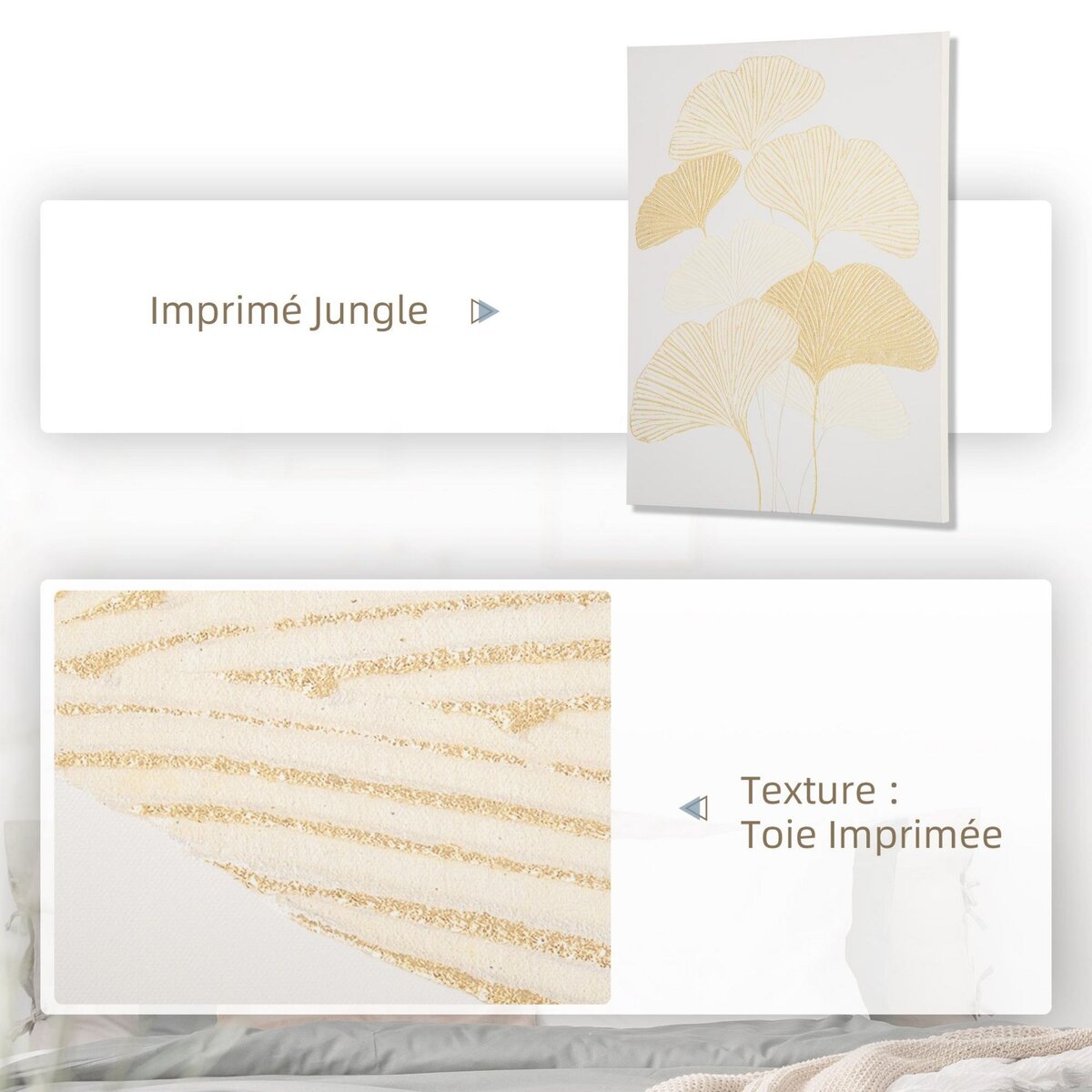 HOMCOM Tableau imprimé et peint feuilles ginkgo biloba - dim. 100L x 80l cm - décoration murale - toile 100% polyester structure bois de pin encre dorée blanc