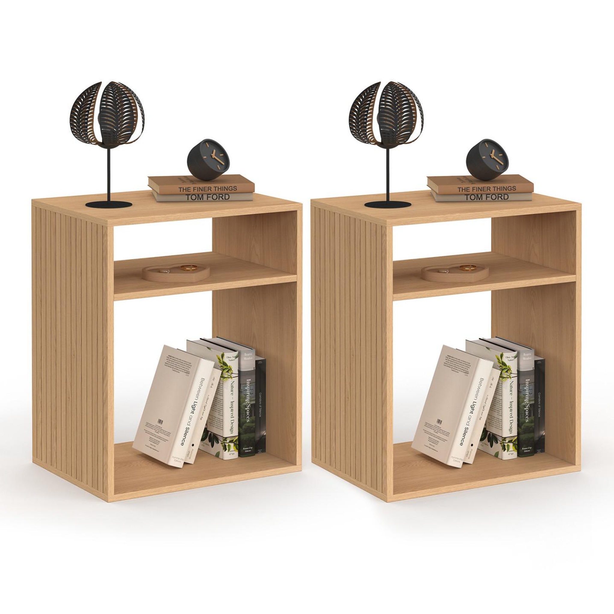 ID MARKET Lot de 2 tables de chevet nora avec rangements ouverts effet lattes et bois