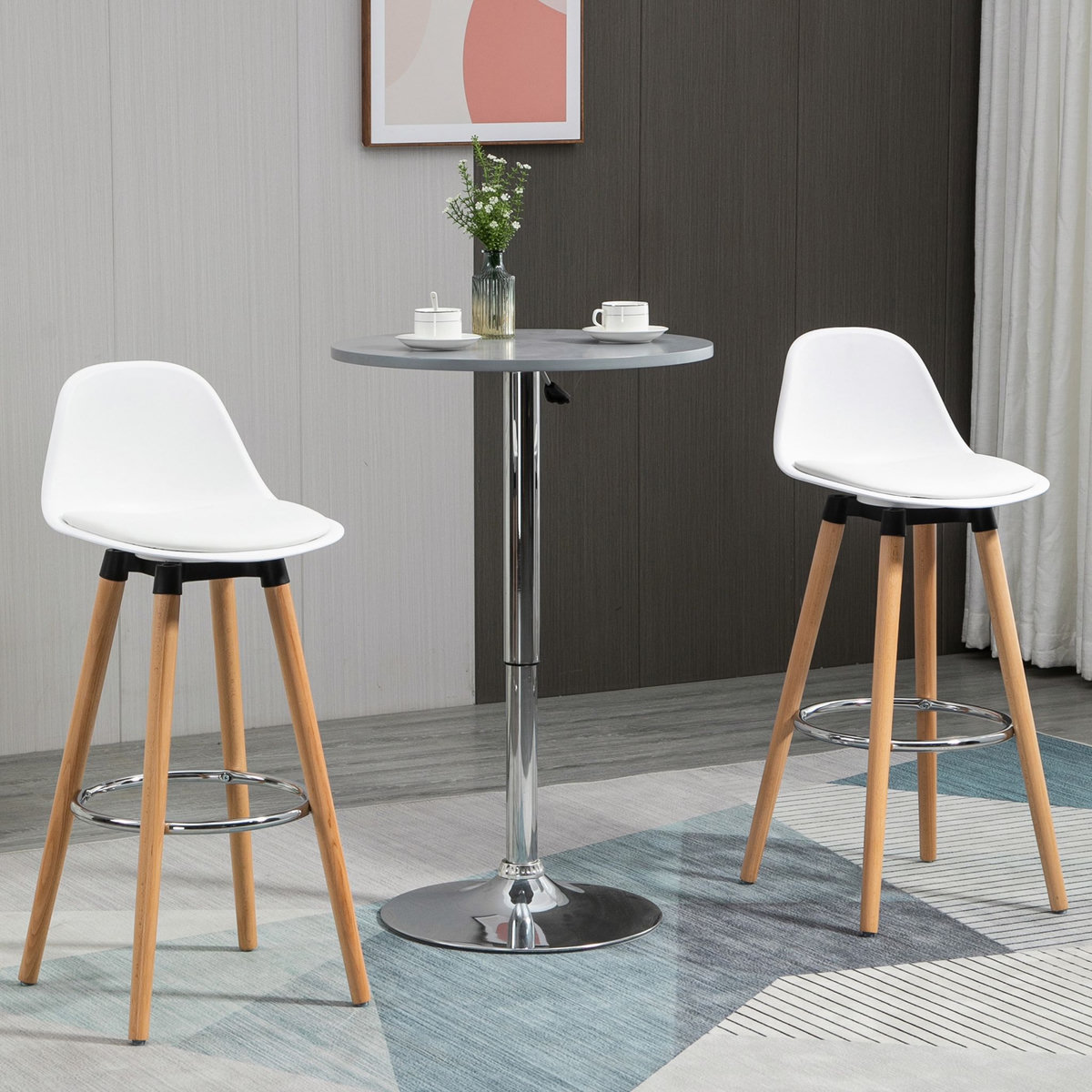 HOMCOM Tabourets de bar style scandinave - lot de 2 tabourets de bar avec repose-pieds - piètement bois de hêtre assise PU blanc