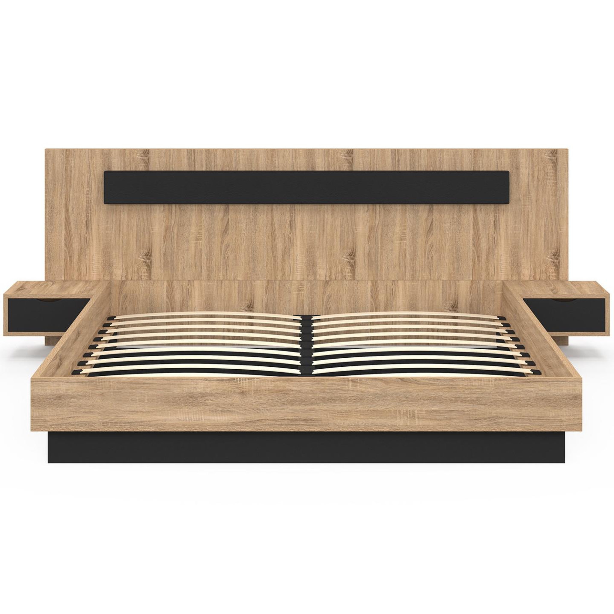 Voir la diapositive 3 : ID MARKET Lit double santa avec tête de lit + tables de chevet intégrées et sommier 180 x 200 cm bois et noir