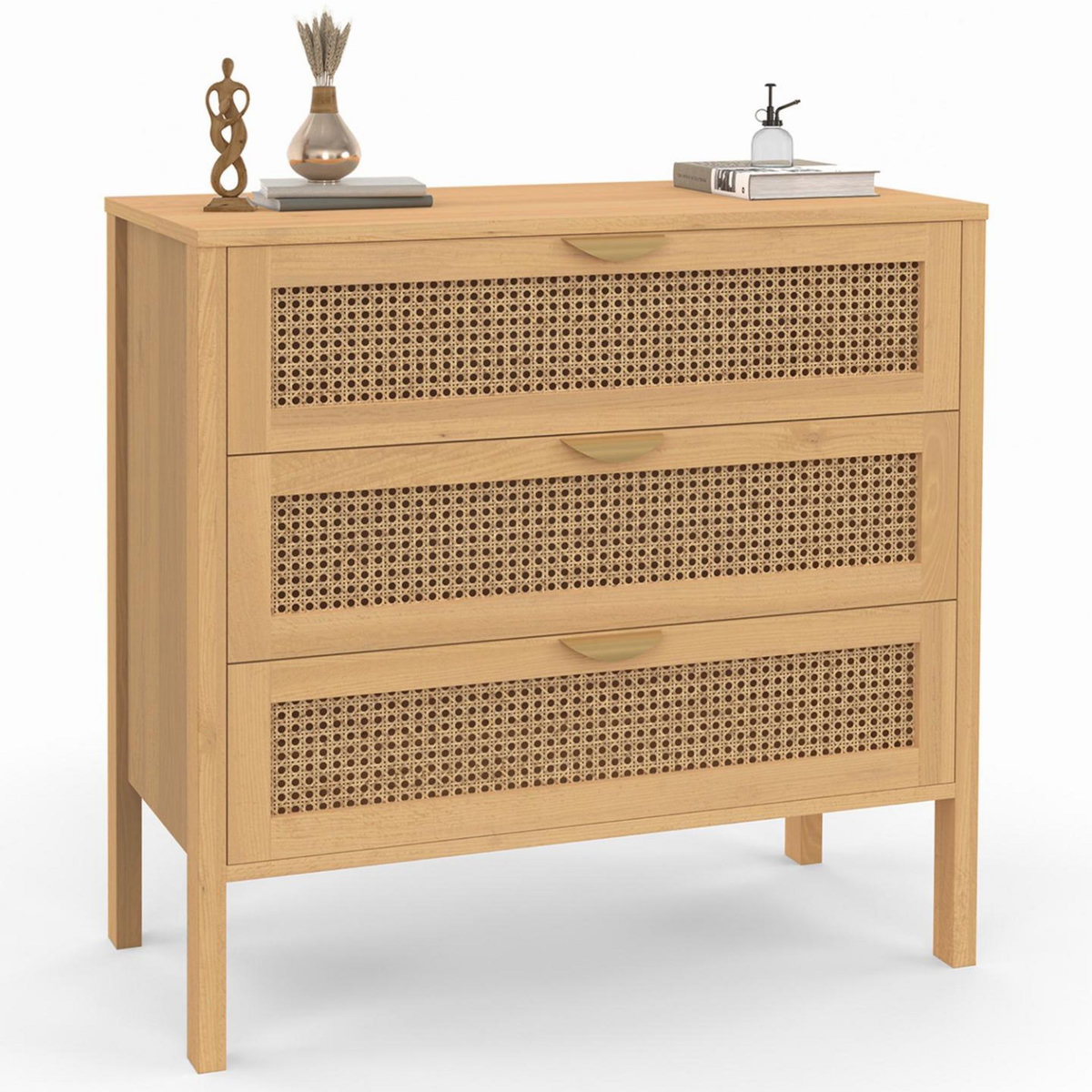 ID MARKET Commode 3 tiroirs EDHEN 80 cm cannage coloris bois