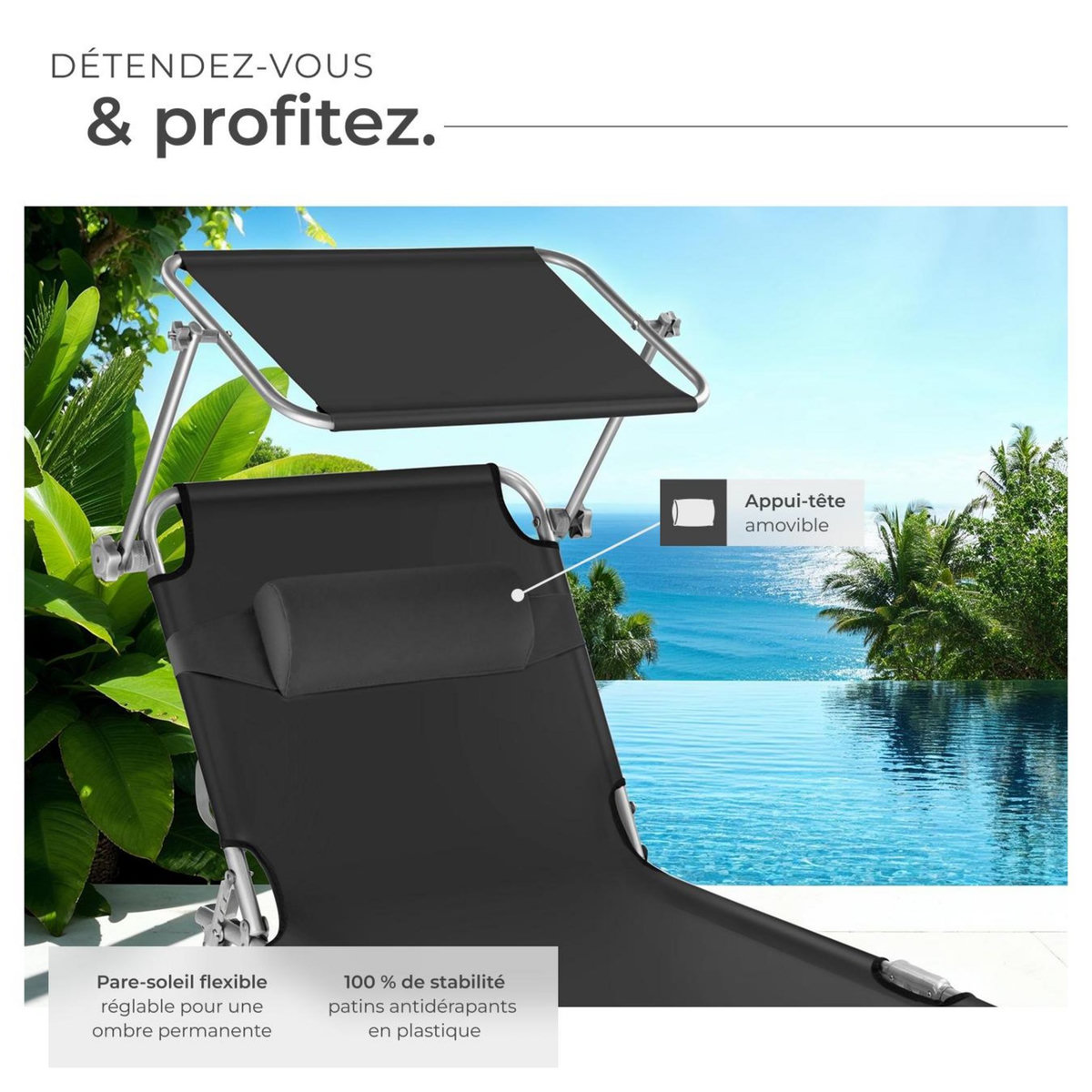 tectake Lot de 2 transats de jardin en acier pliable noir