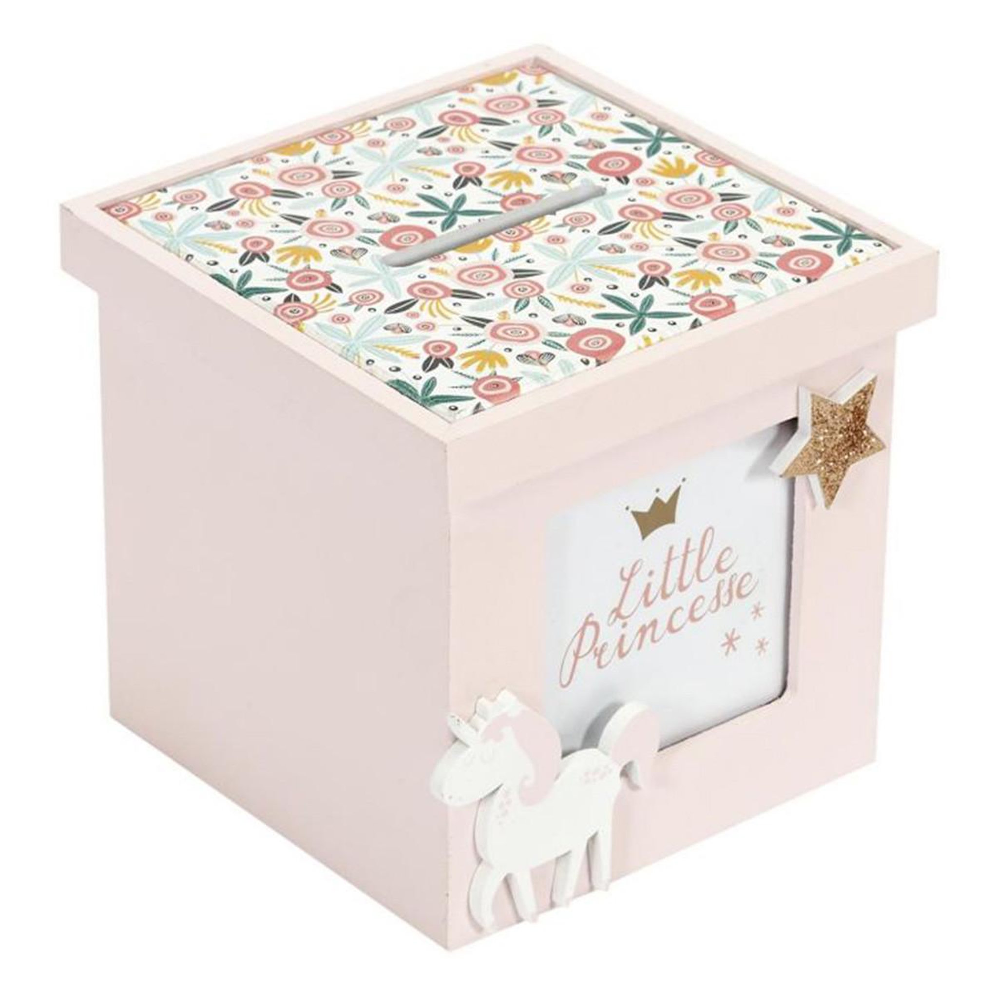 Voir la diapositive 1 : HOME DECO KIDS Tirelire Déco en Bois  Cube  11cm Rose