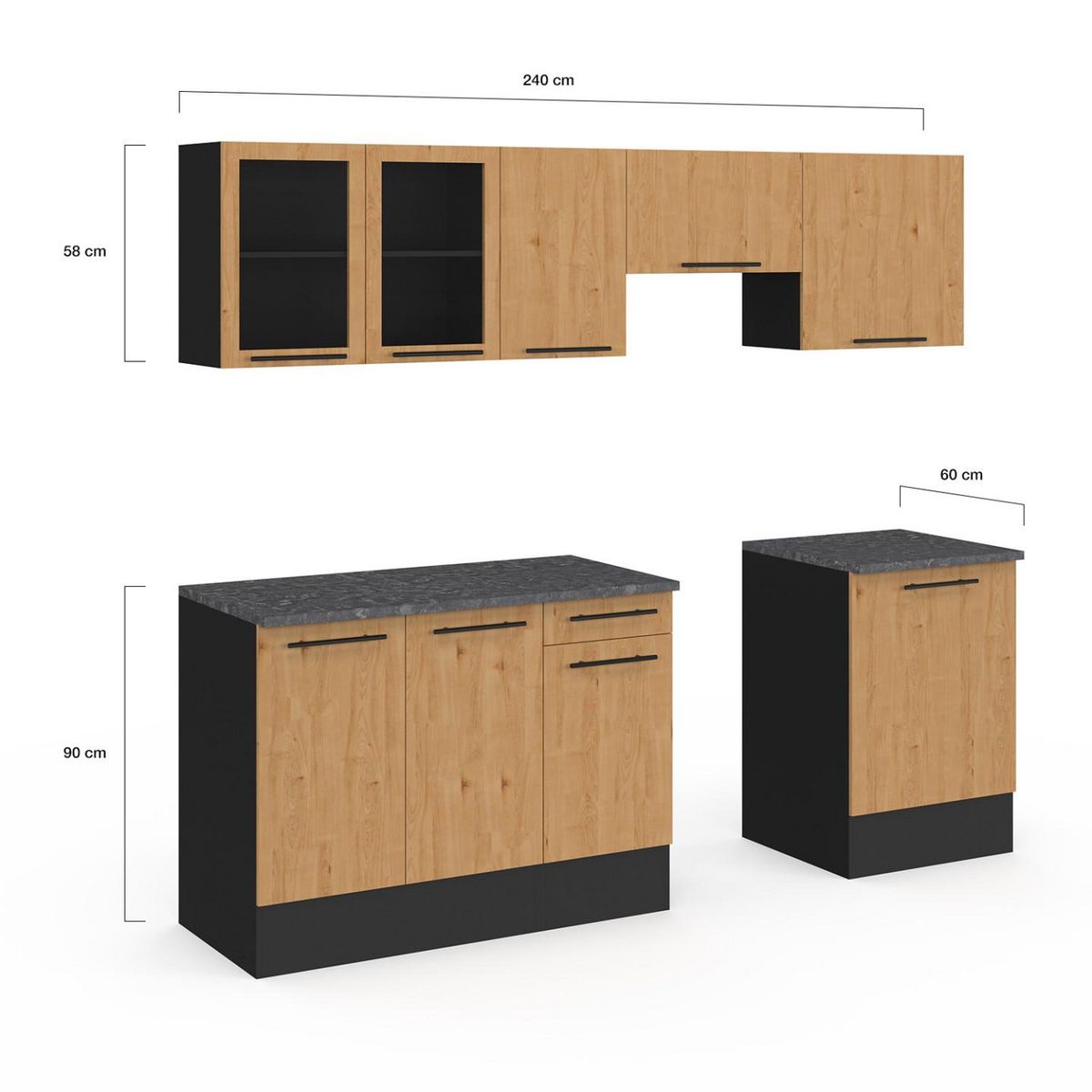 ID MARKET Cuisine complète 240 cm SUBTIL avec vitrine + plan de travail 7 éléments noir et façon hêtre