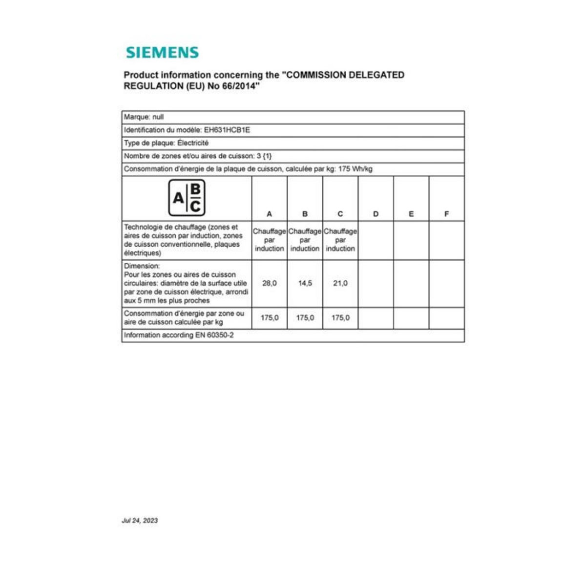 Siemens Plaque induction Siemens EH631HCB1E