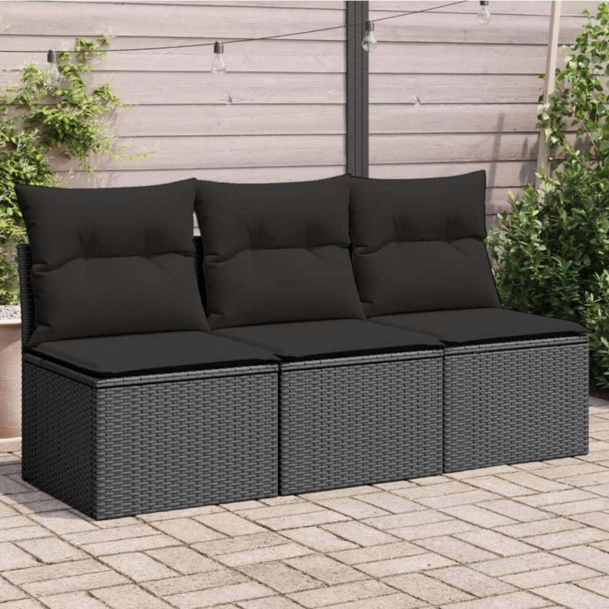 VIDAXL Canape de jardin avec coussins 3 places noir resine tressee