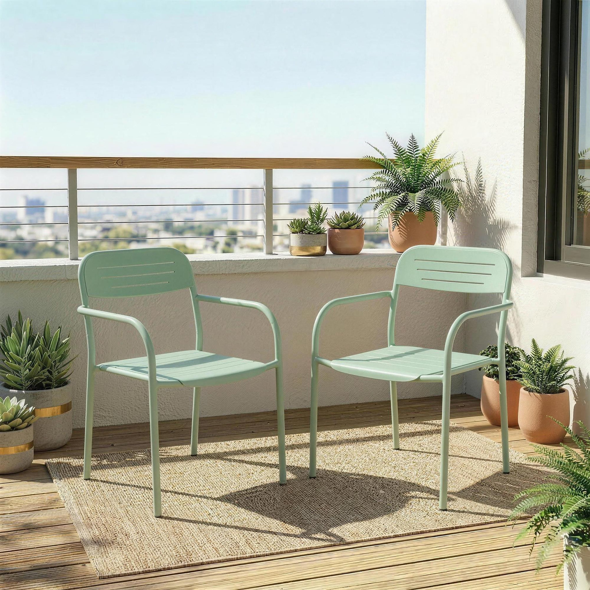 Voir la diapositive 4 : OUTSUNNY Lot de 2 chaises de jardin empilables métal vert d'eau