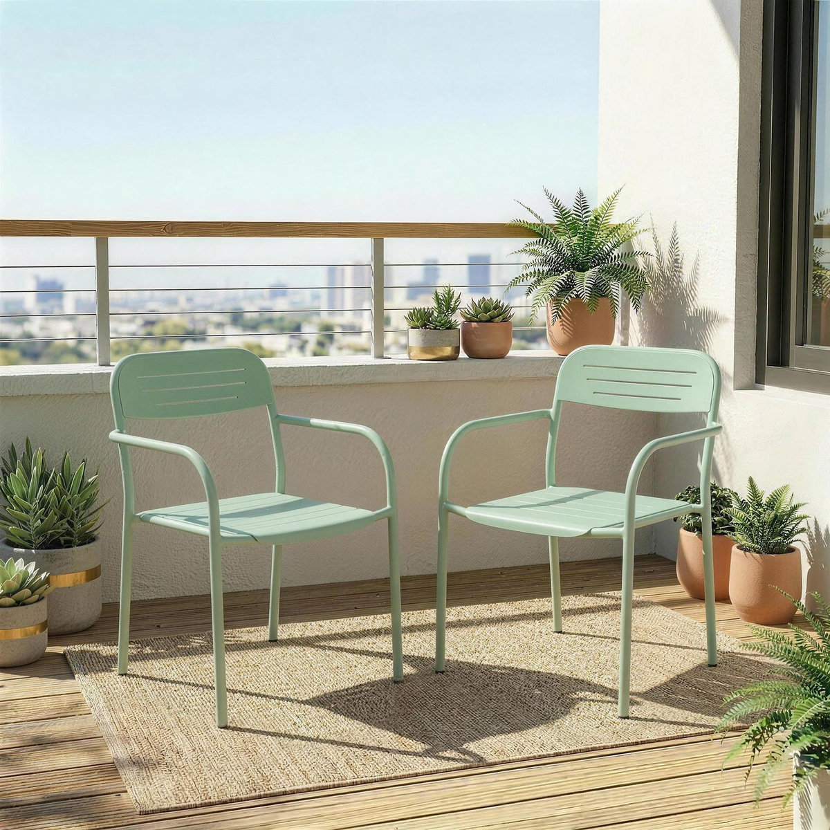 OUTSUNNY Lot de 2 chaises de jardin empilables métal vert d'eau