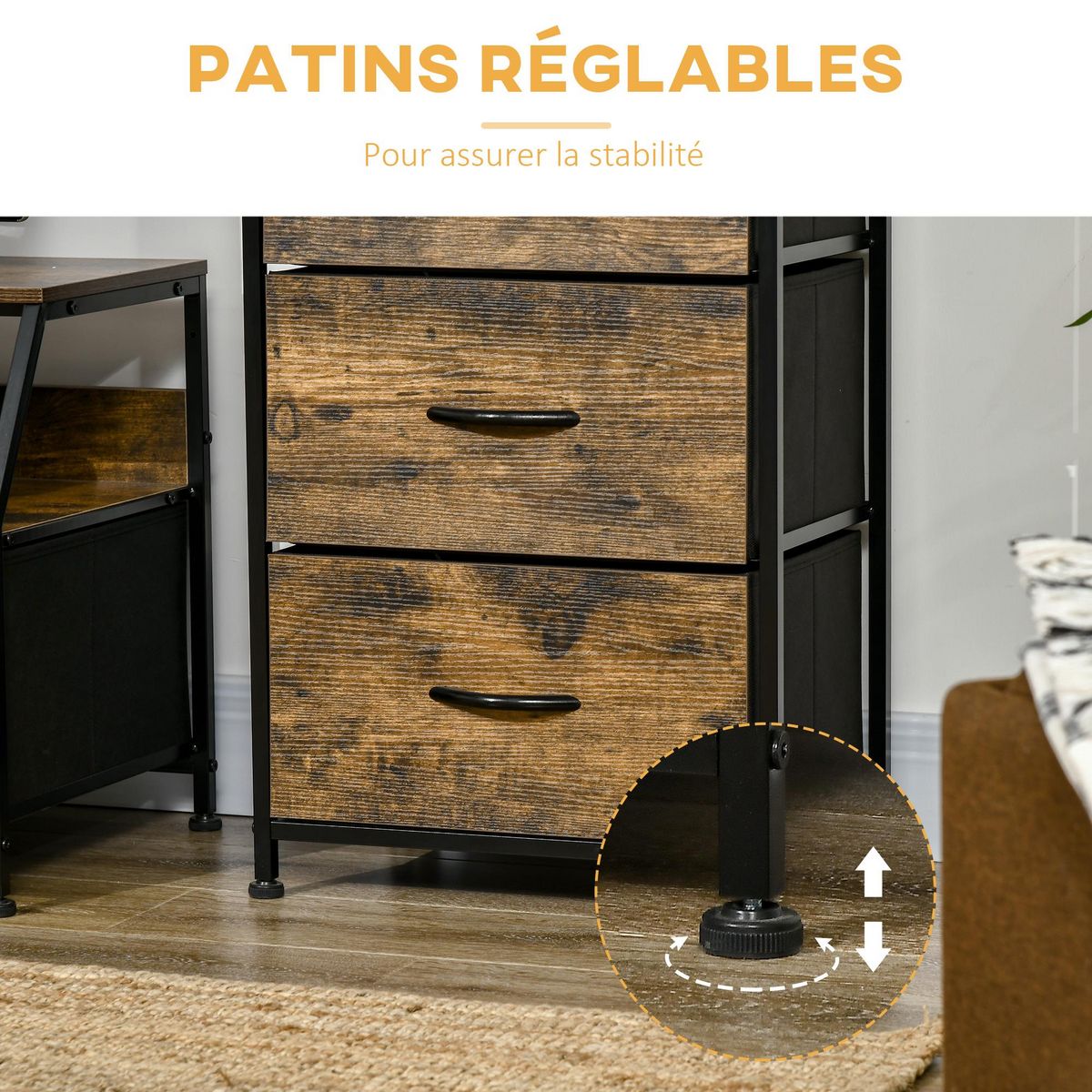 HOMCOM Meuble de rangement colonne design industriel - 3 tiroirs, niche, étagère - châssis acier noir MDF aspect bois avec veinage