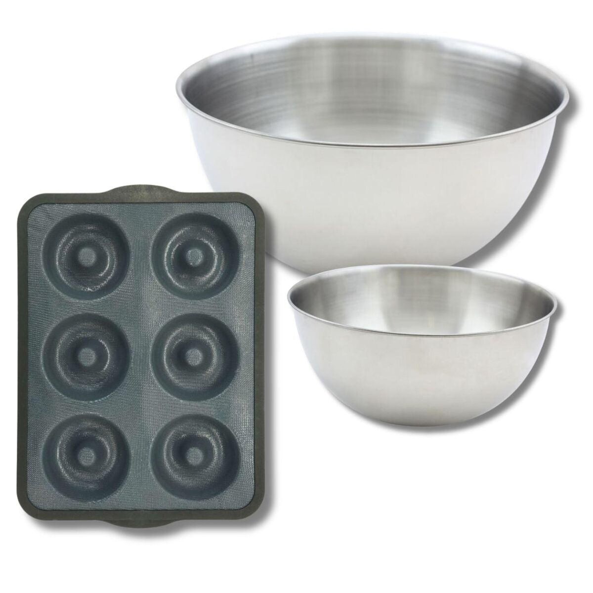 ZENKER Lot avec 1 Moule 6 donuts en fibre de verre, 1 spatule Zenker et 2 bols à mixer en inox Fackelmann