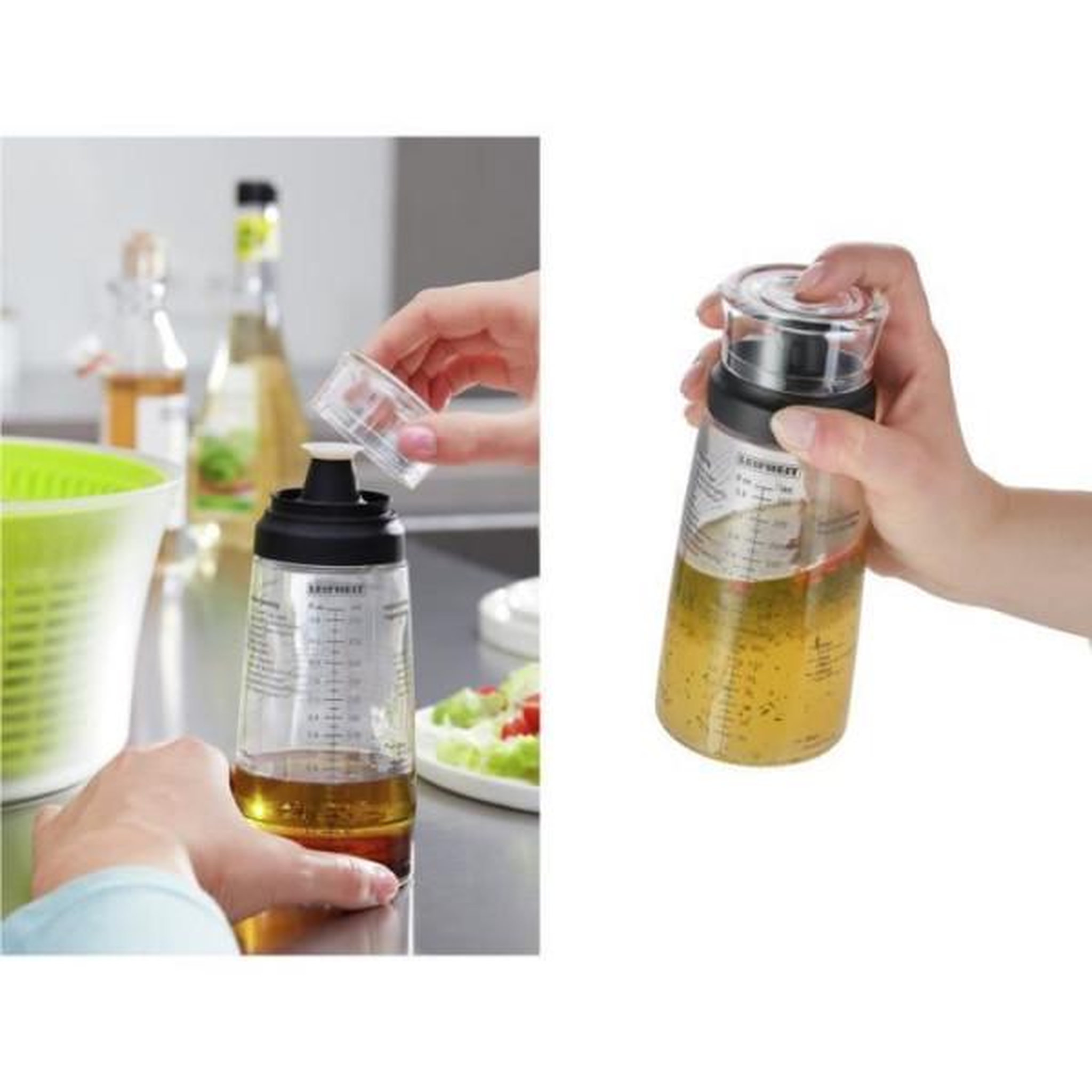 Voir la diapositive 3 : Leifheit Shaker a Vinaigrette Leifheit 3195, mélangeur vinaigrette gradué de 300 ml avec bec verseur anti-goutte, 5 recettes incluses