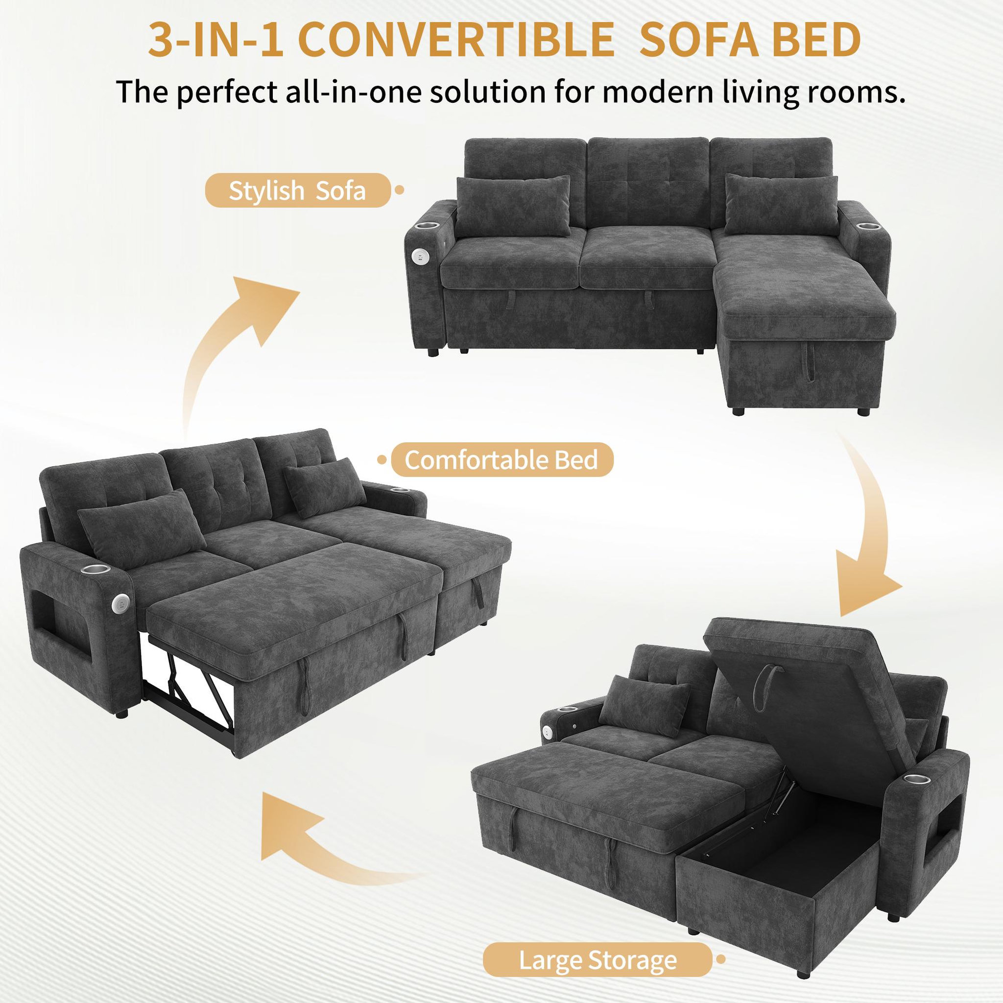 Voir la diapositive 5 : MERAX Canapé d'angle droit convertible 3 places tissu led coffre de rangement