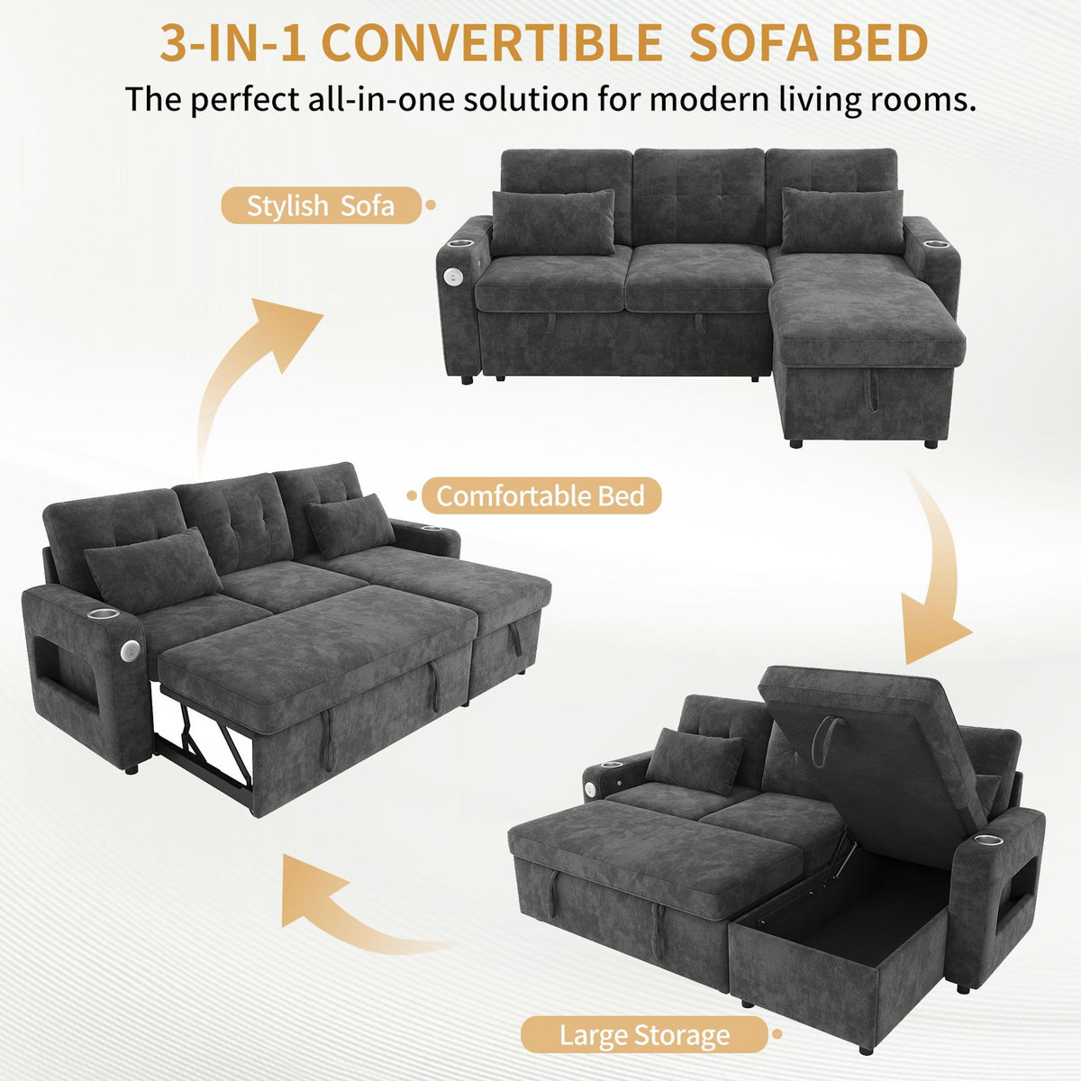 MERAX Canapé d'angle droit convertible 3 places tissu led coffre de rangement