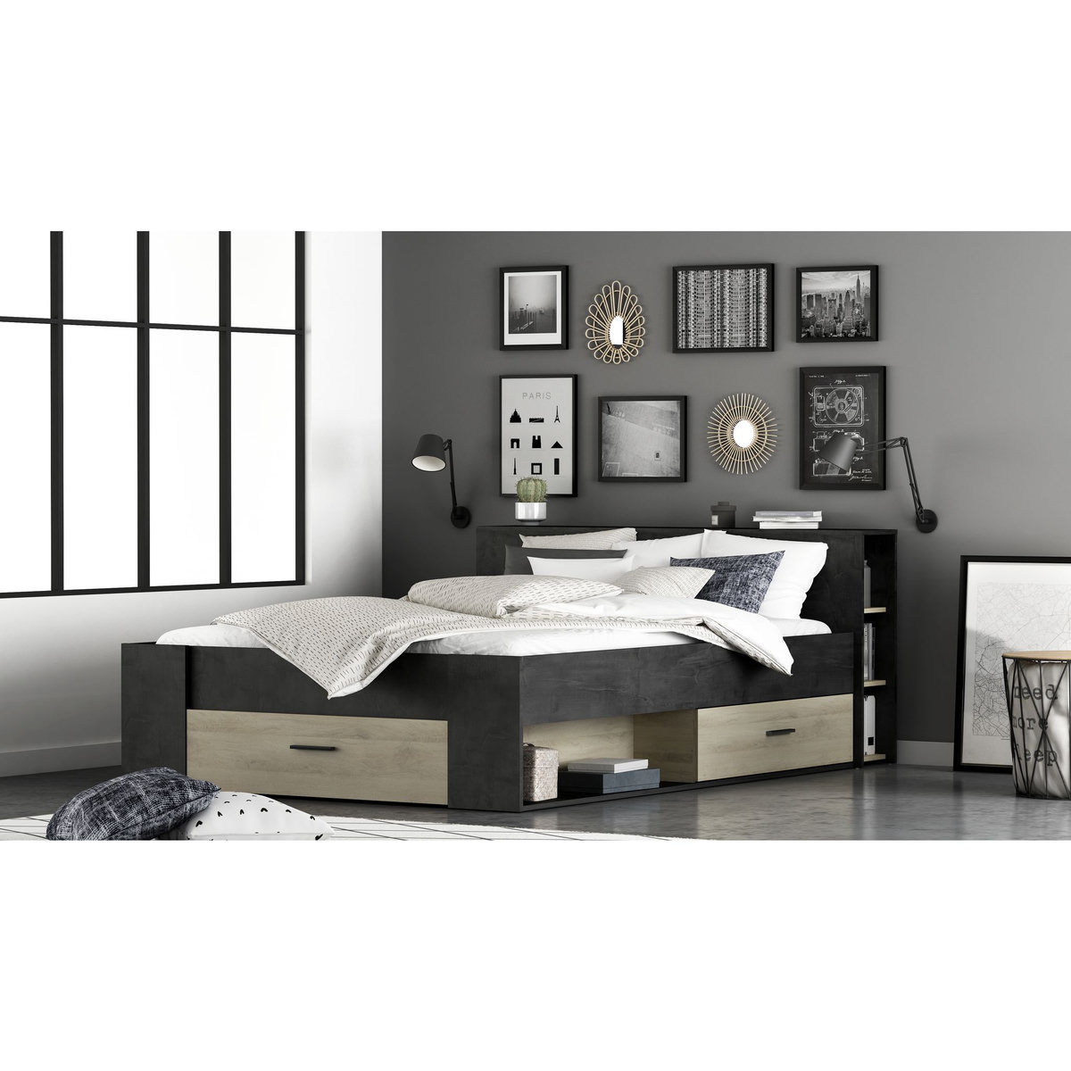 Lit 140 x190 cm avec tête de lit et rangements ILIAN