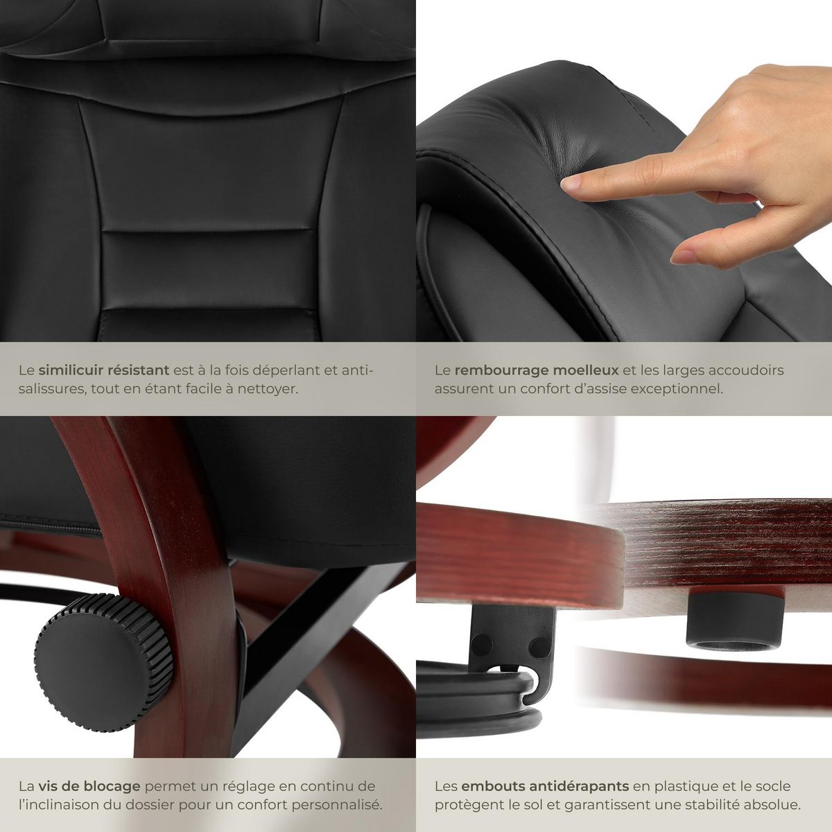 tectake Fauteuil relax pied rond avec repose-pieds noir/marron