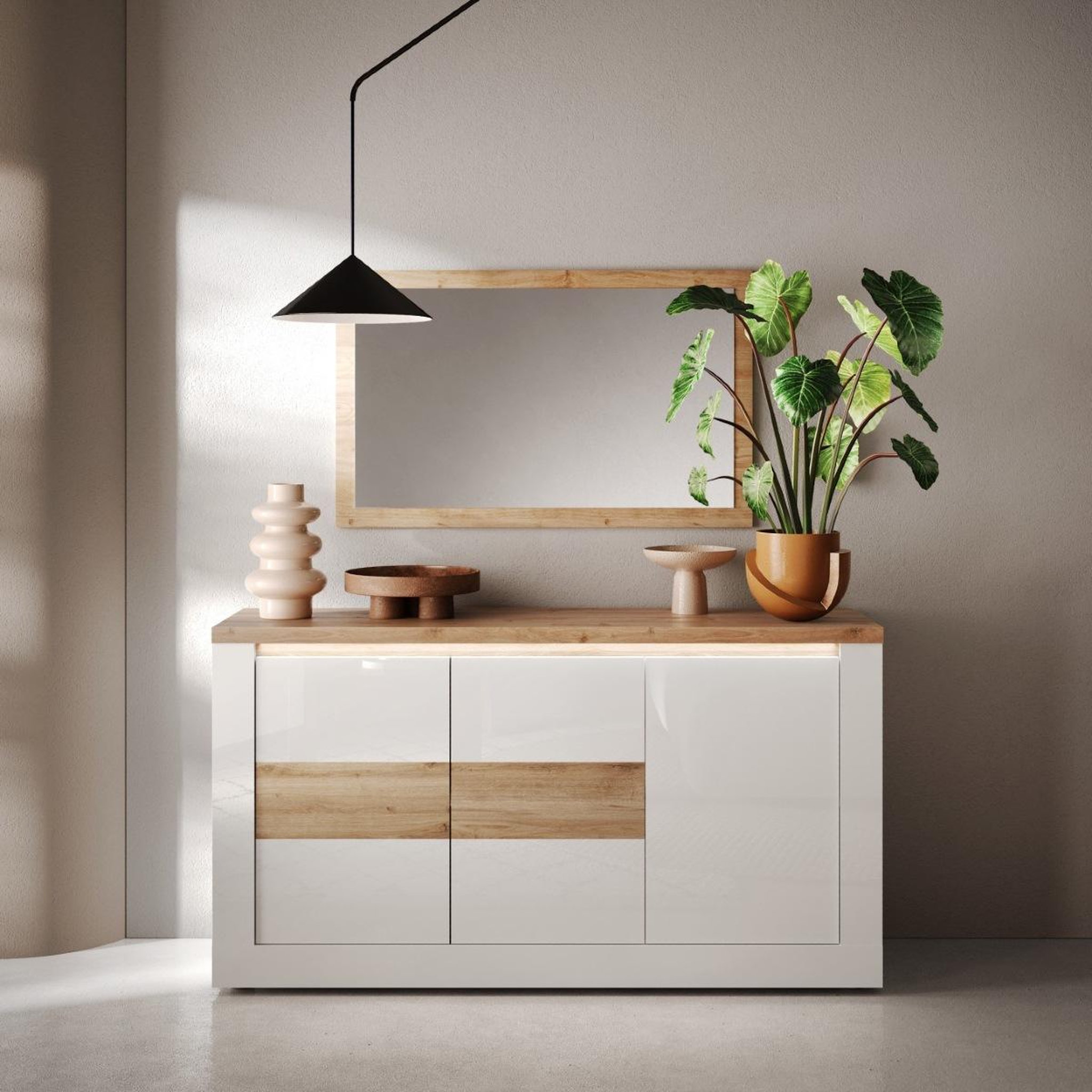 Voir la diapositive 2 : JLC KREATION Buffet moderne 3 portes laqué blanc et bois 160cm aria