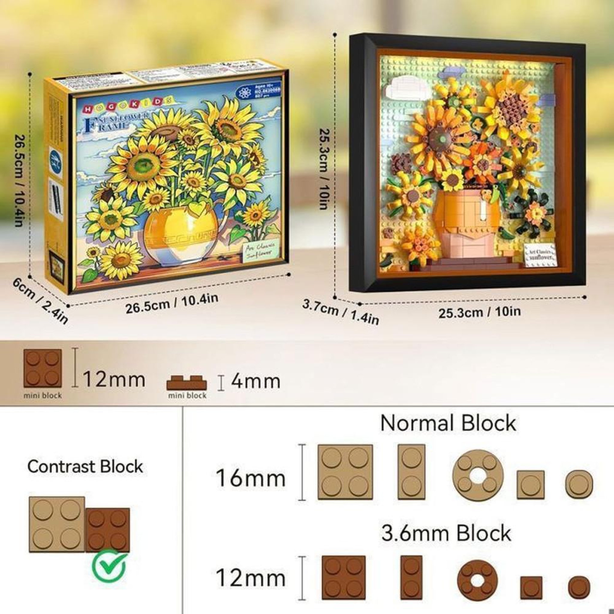 Voir la diapositive 2 : Kit cadres de briques LED HOGOKIDS « Sunflowers » inspiré de Van Gogh, 807 pièces, cadre noir, ABS, alimentation USB