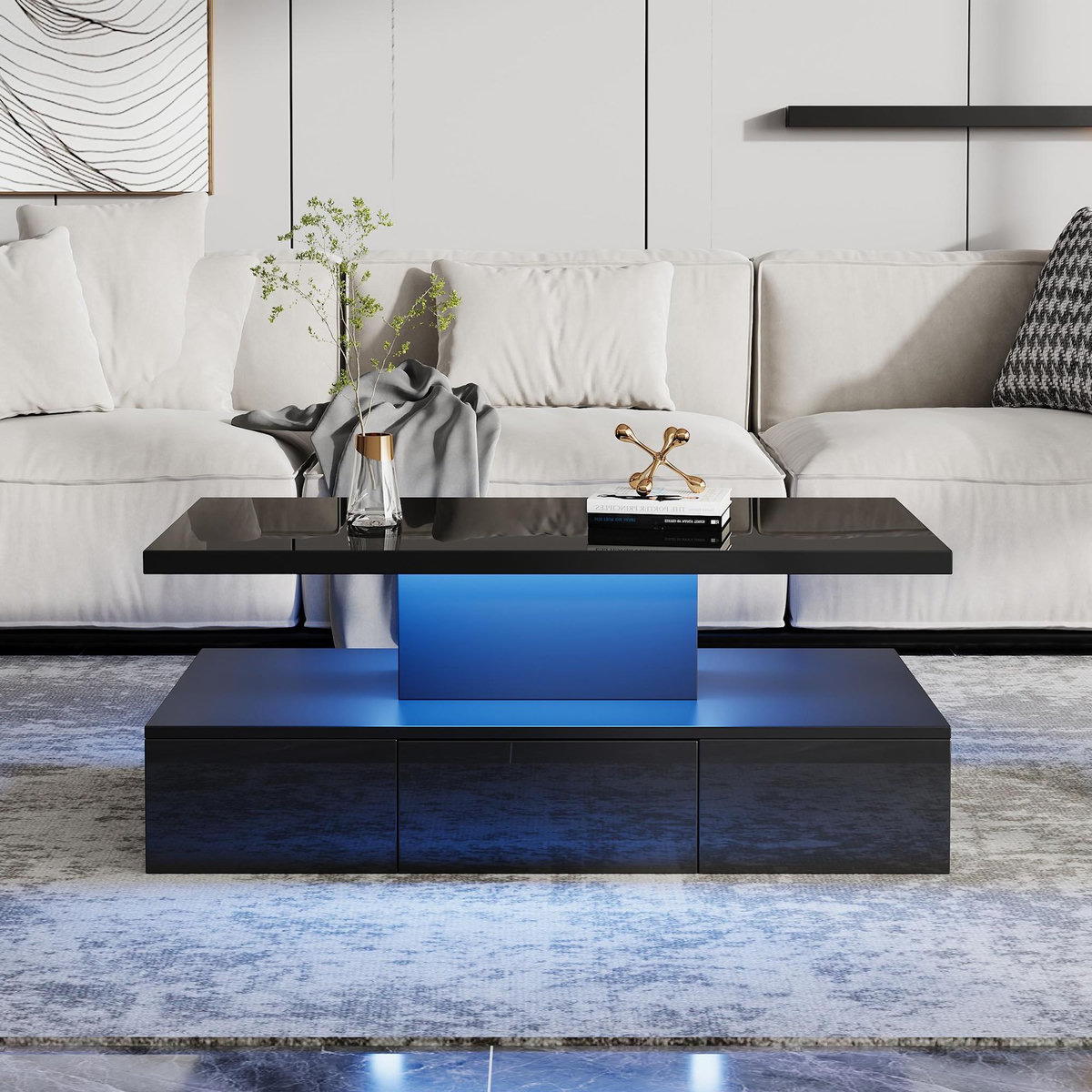 MERAX Table basse rectangulaire noir - 50x100 cm led panneaux de particules