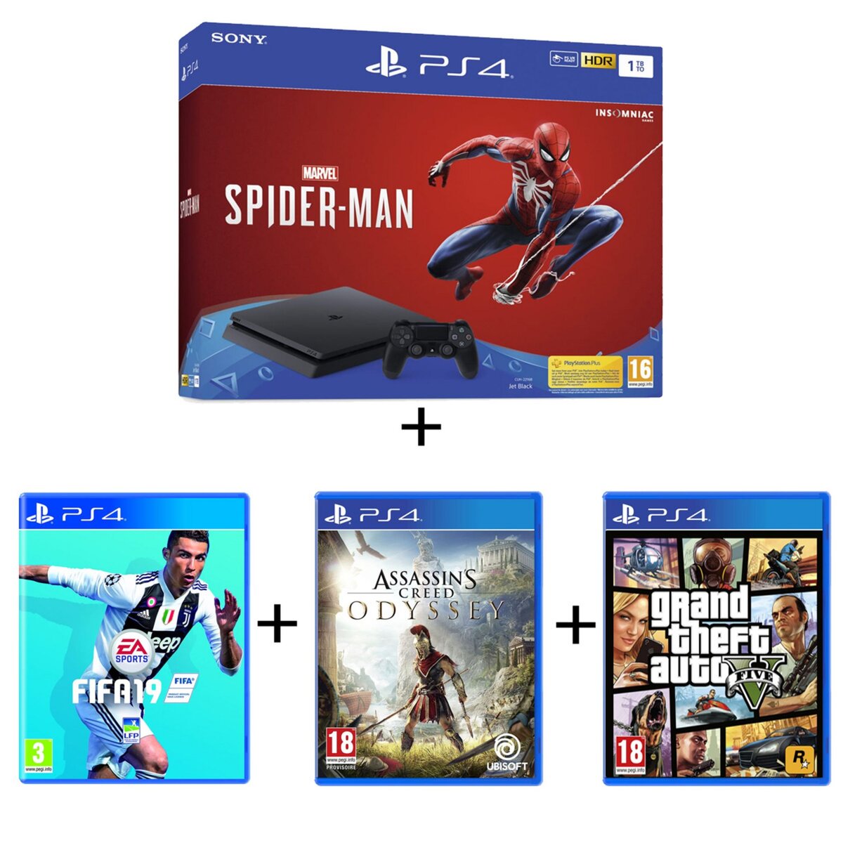 Console PS4 1To Spider-Man + FIFA 19 + Assassin's Creed Odyssey + GTA V
