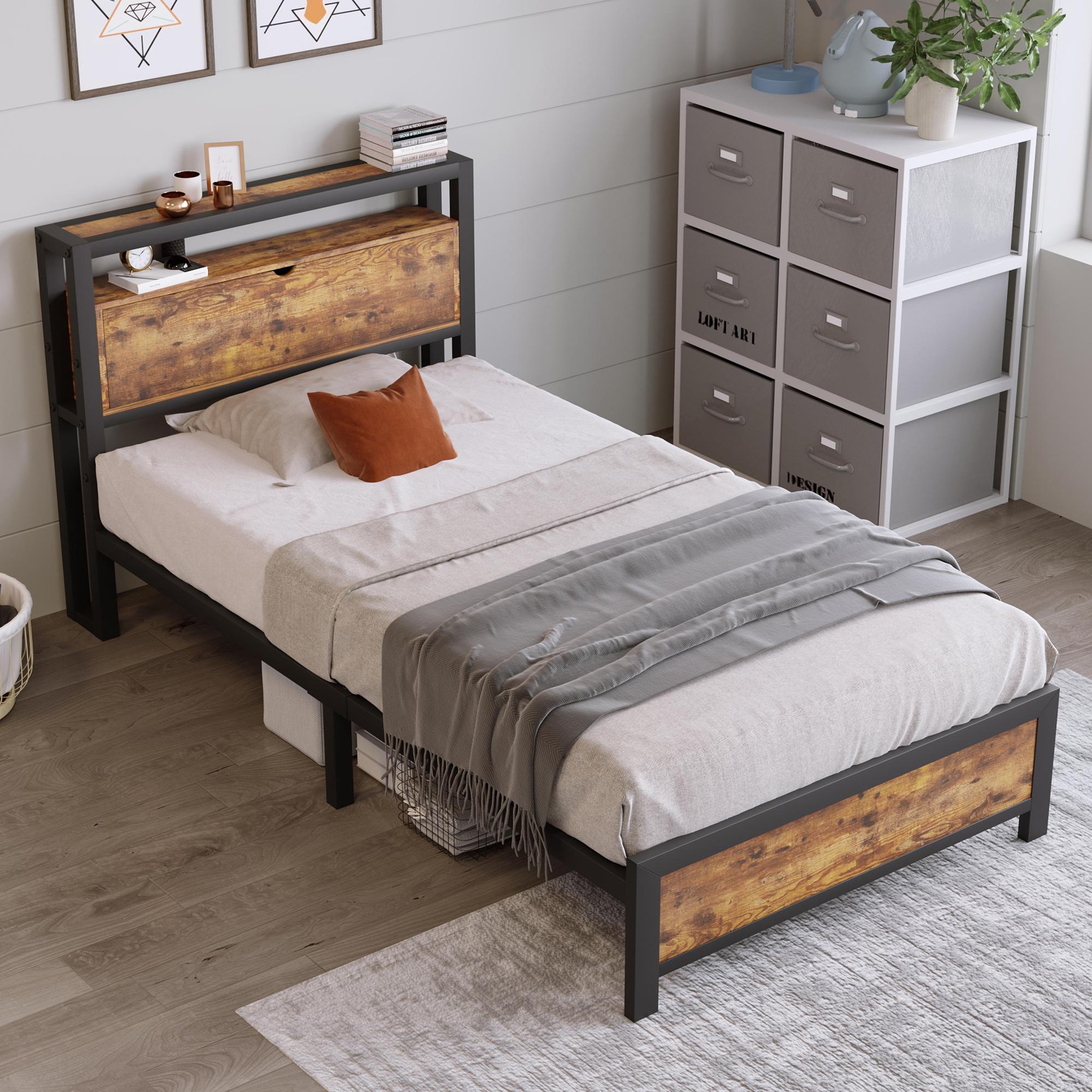 Voir la diapositive 3 : MERAX Lit simple avec sommier Style industriel
