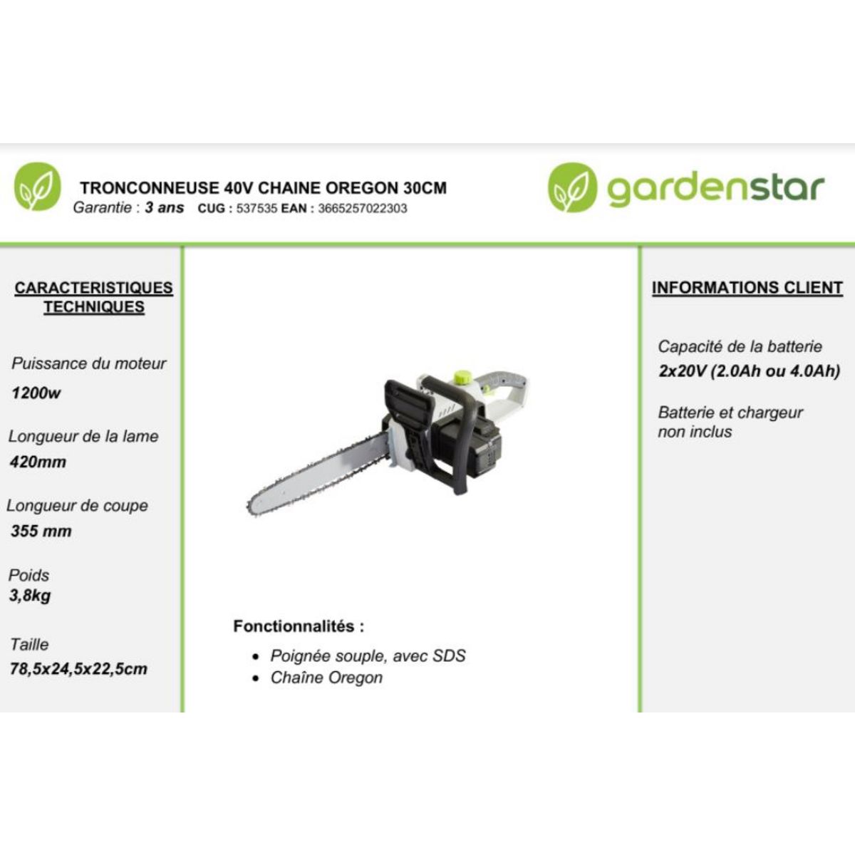 GARDENSTAR Tronçonneuse sur batteries de 40V - D34cm - OREGON