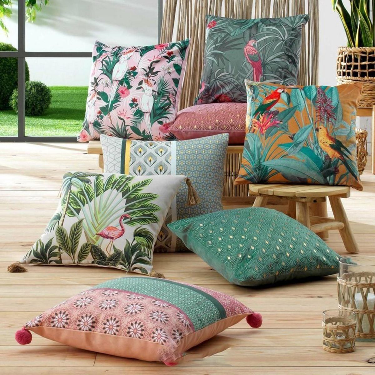 Douceur d'Intérieur Housse de coussin pompons 40x40 cm Cruzabel coton