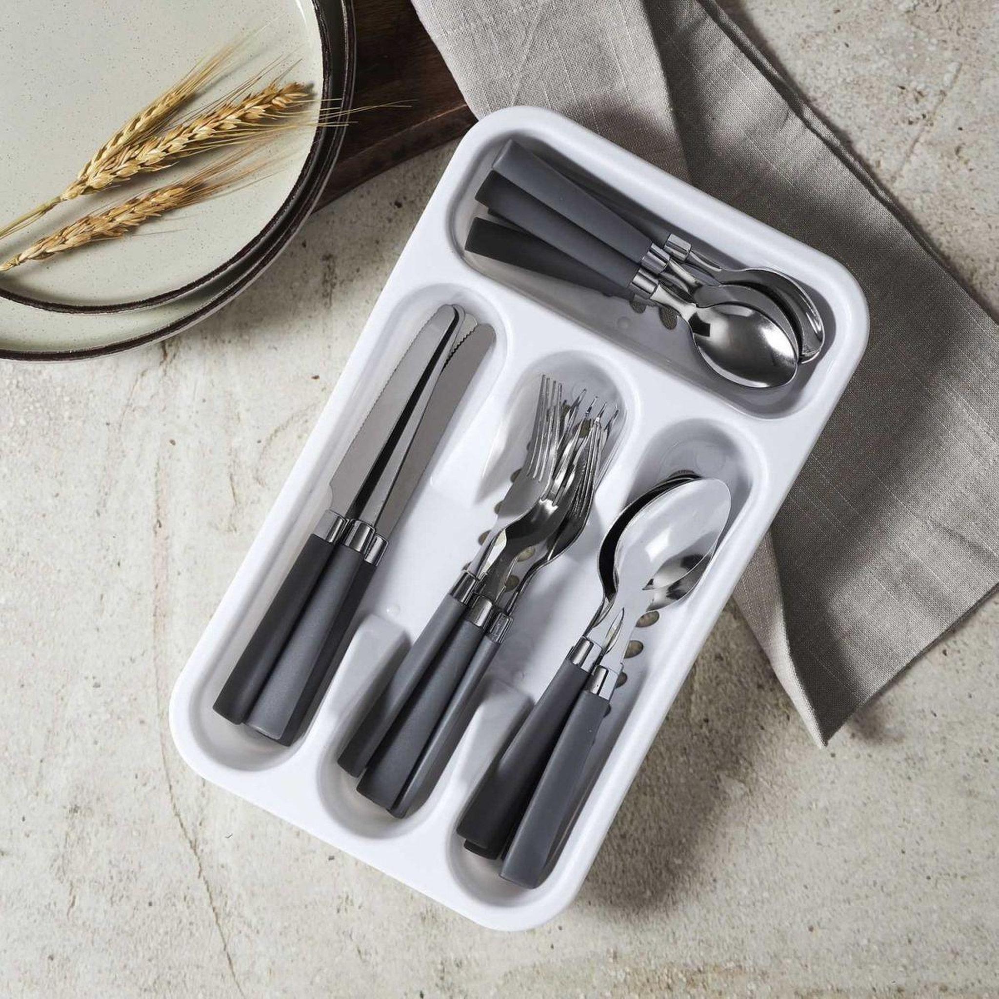 Voir la diapositive 2 : The Home Deco Factory Ménagère 16 Pièces & Range-Couverts  Campus  32cm Gris