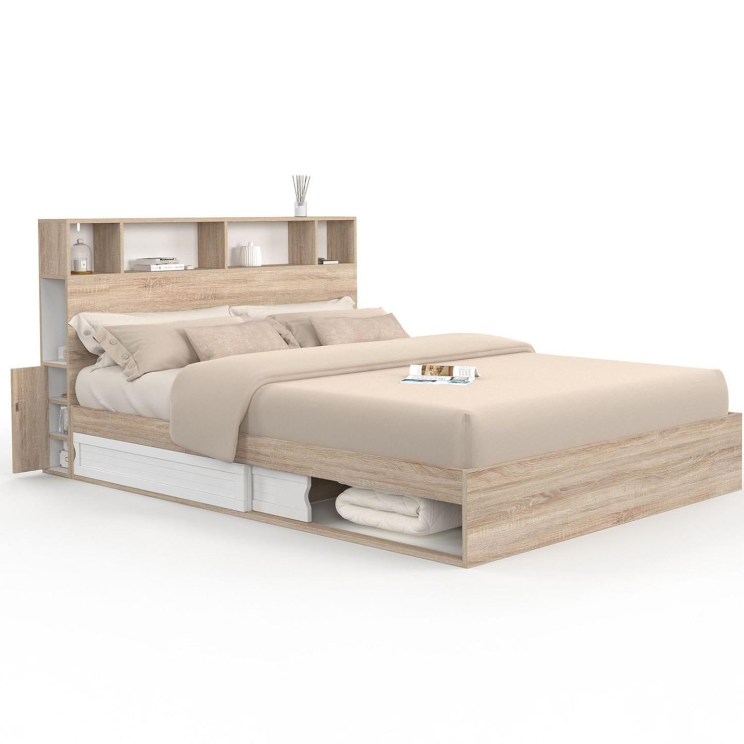 Lit double clem avec rangements + tête de lit et sommier 160 x 200 cm hêtre et