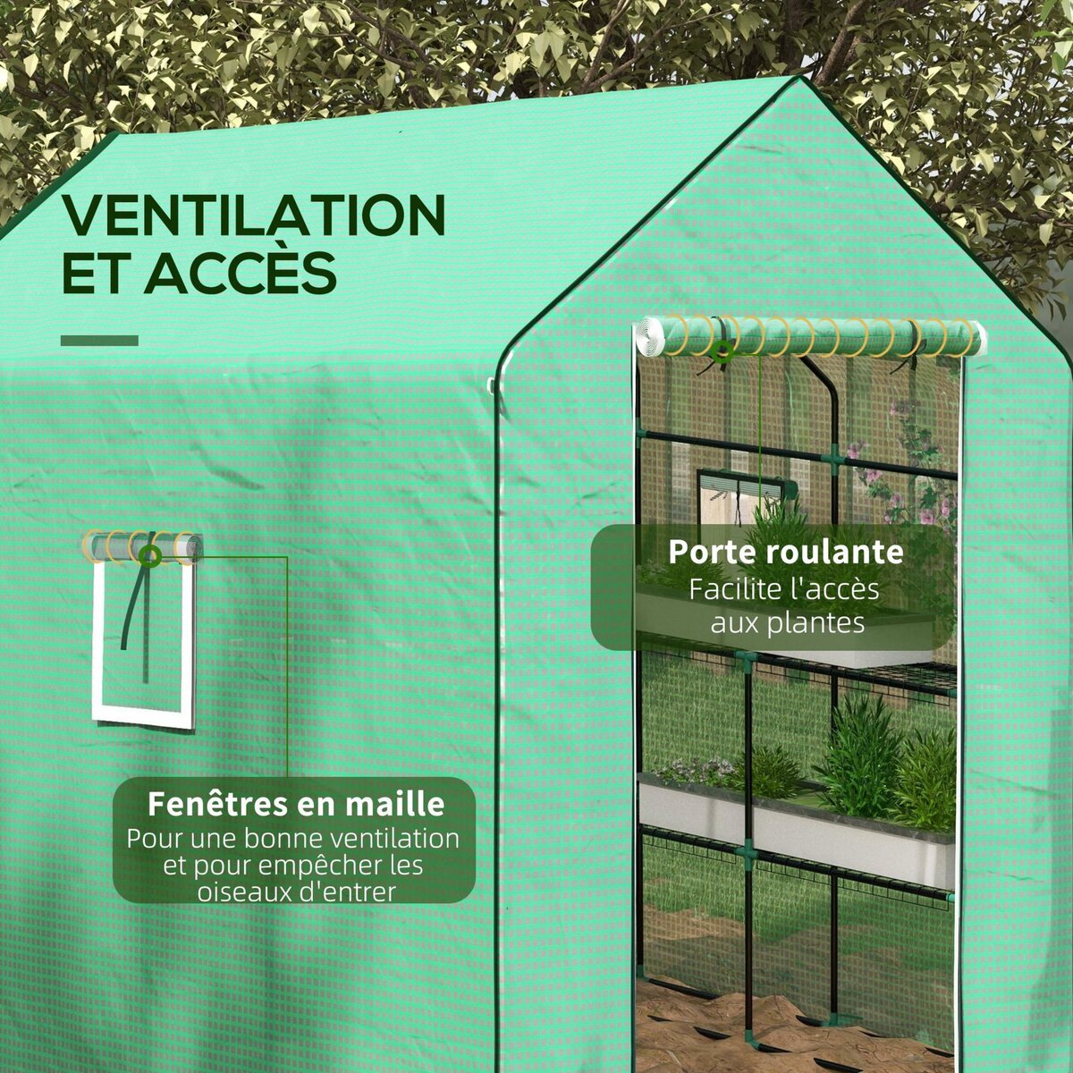 OUTSUNNY Bâche de remplacement serre de jardin dim. 140L x 213l x 190H cm - 2 fenêtres, porte zippée enroulable - PE anti-UV imperméable vert