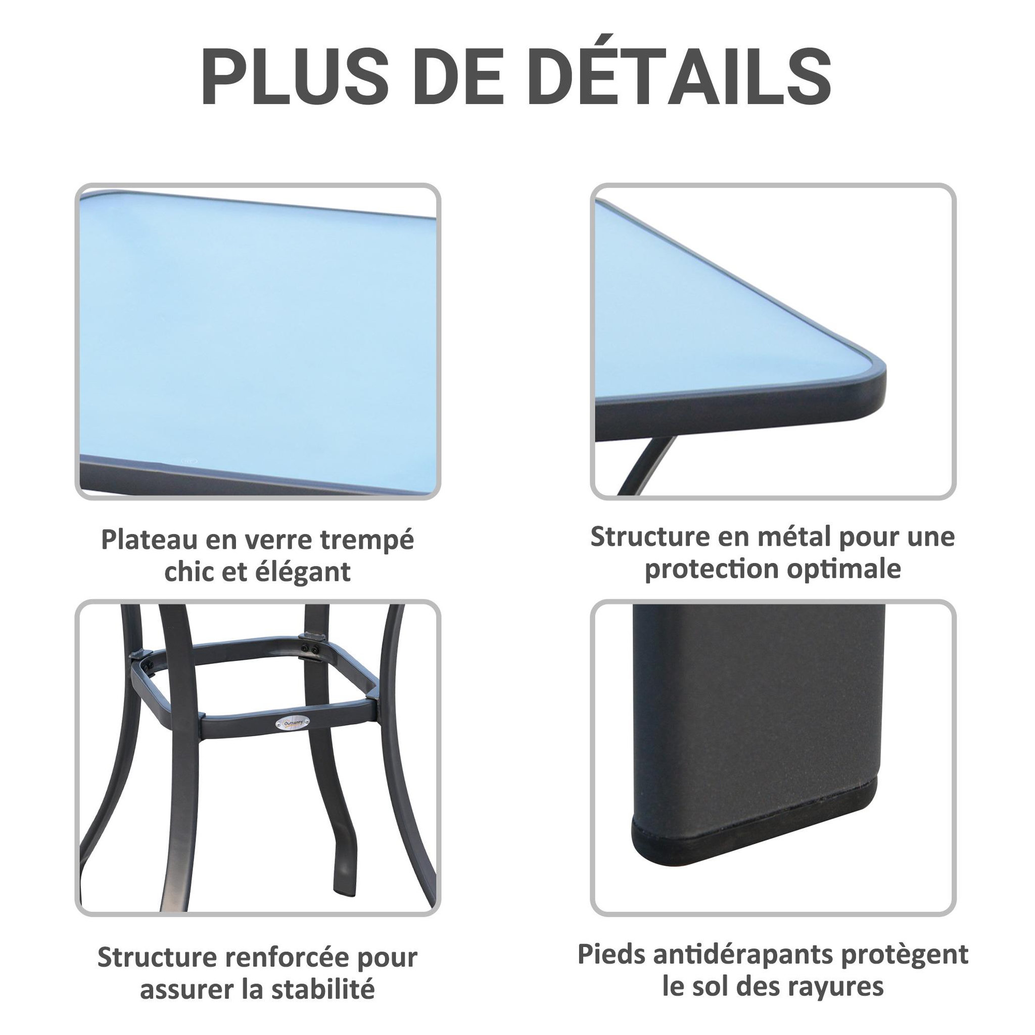Voir la diapositive 3 : OUTSUNNY Table carrée bistro de jardin dim. 68L x 68l x 84H cm métal époxy gris plateau verre trempé granité