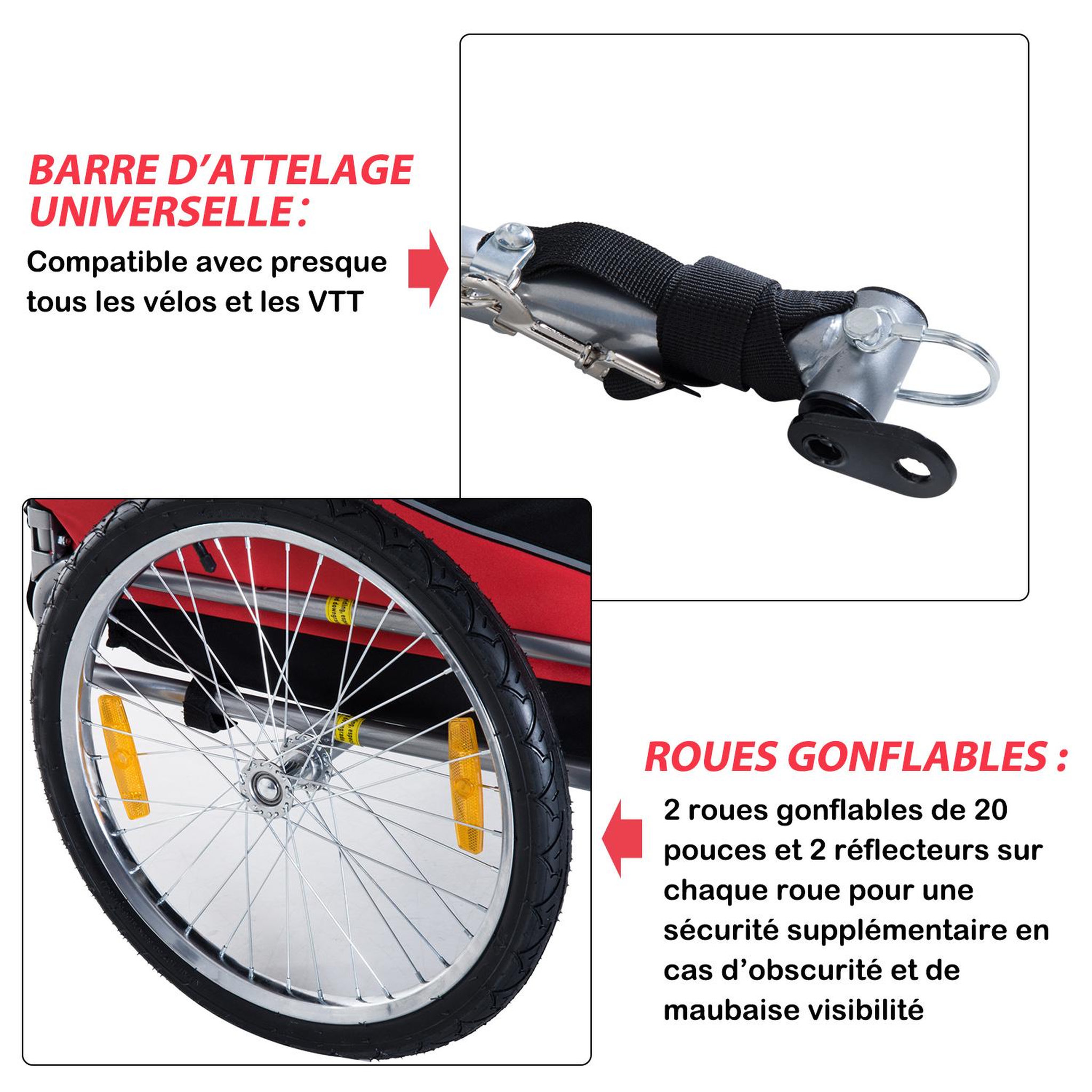 Voir la diapositive 5 : PAWHUT Remorque velo pour chien animaux avec 8 reflecteurs drapeau rouge noir