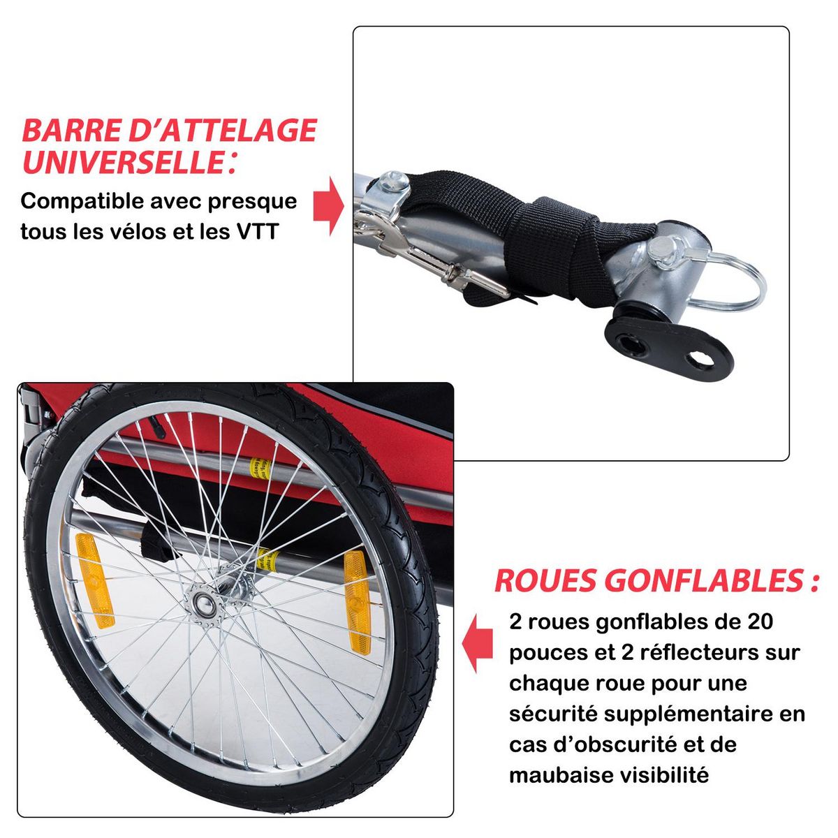 PAWHUT Remorque velo pour chien animaux avec 8 reflecteurs drapeau rouge noir