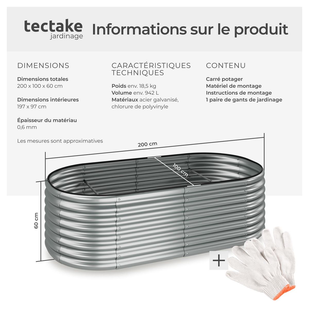 tectake Carré potager en acier galvanisé argent