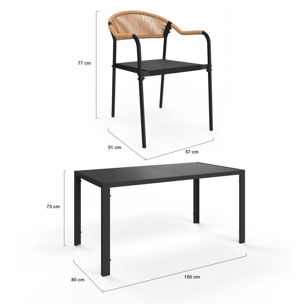 ID MARKET Salon de jardin MADEIRA table 150 cm et 6 chaises cordage et textilène noir et rotin clair